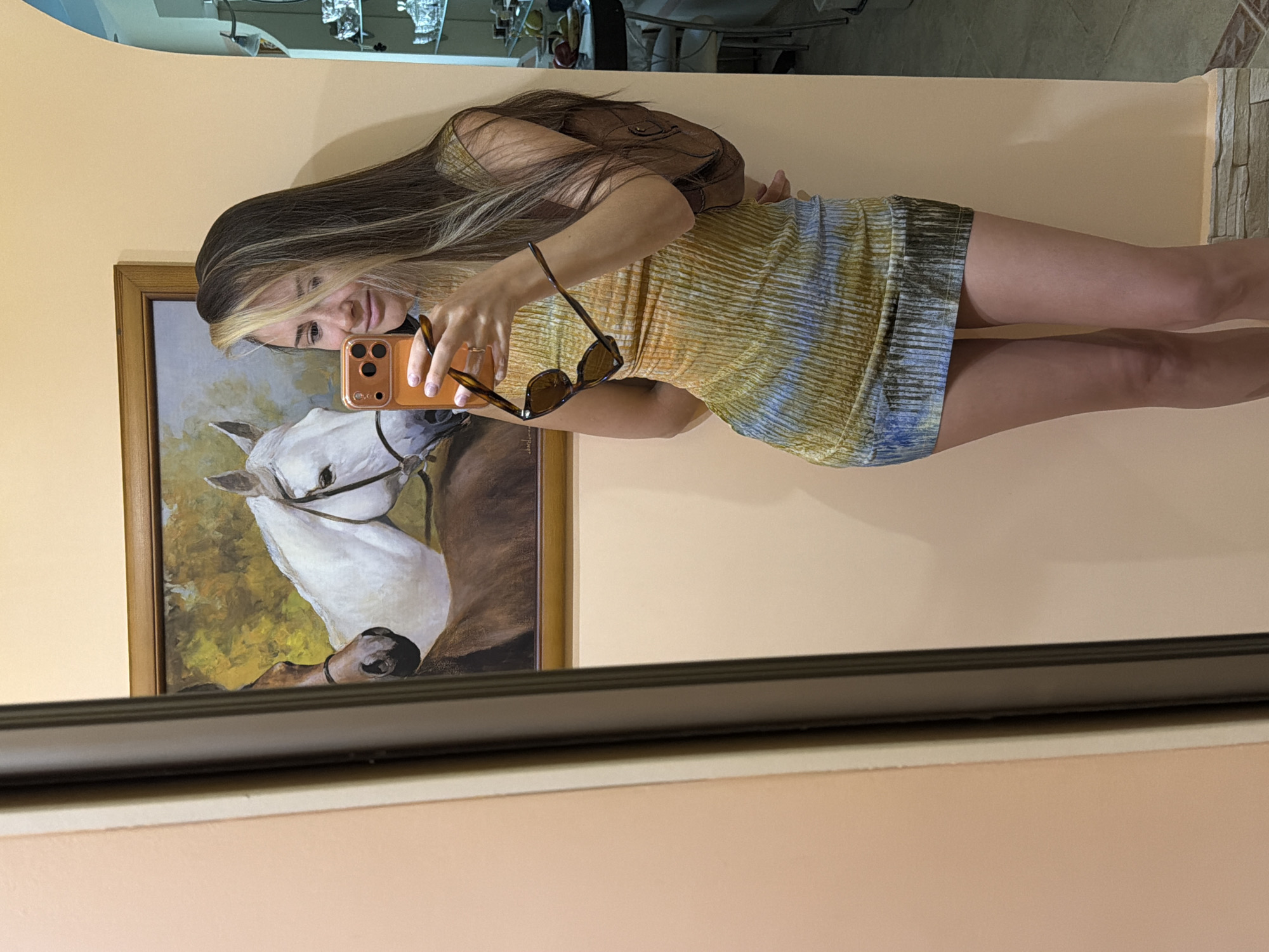 A young woman is taking a selfie in a mirror. She is wearing a short, striped dress. She is holding a phone in her right hand and sunglasses in her left hand. Behind her is a framed painting of a white horse. The mirror is in a room with peach-colored walls. The location is inferred to be Kamyshin, Russia, based on metadata not present in the image.