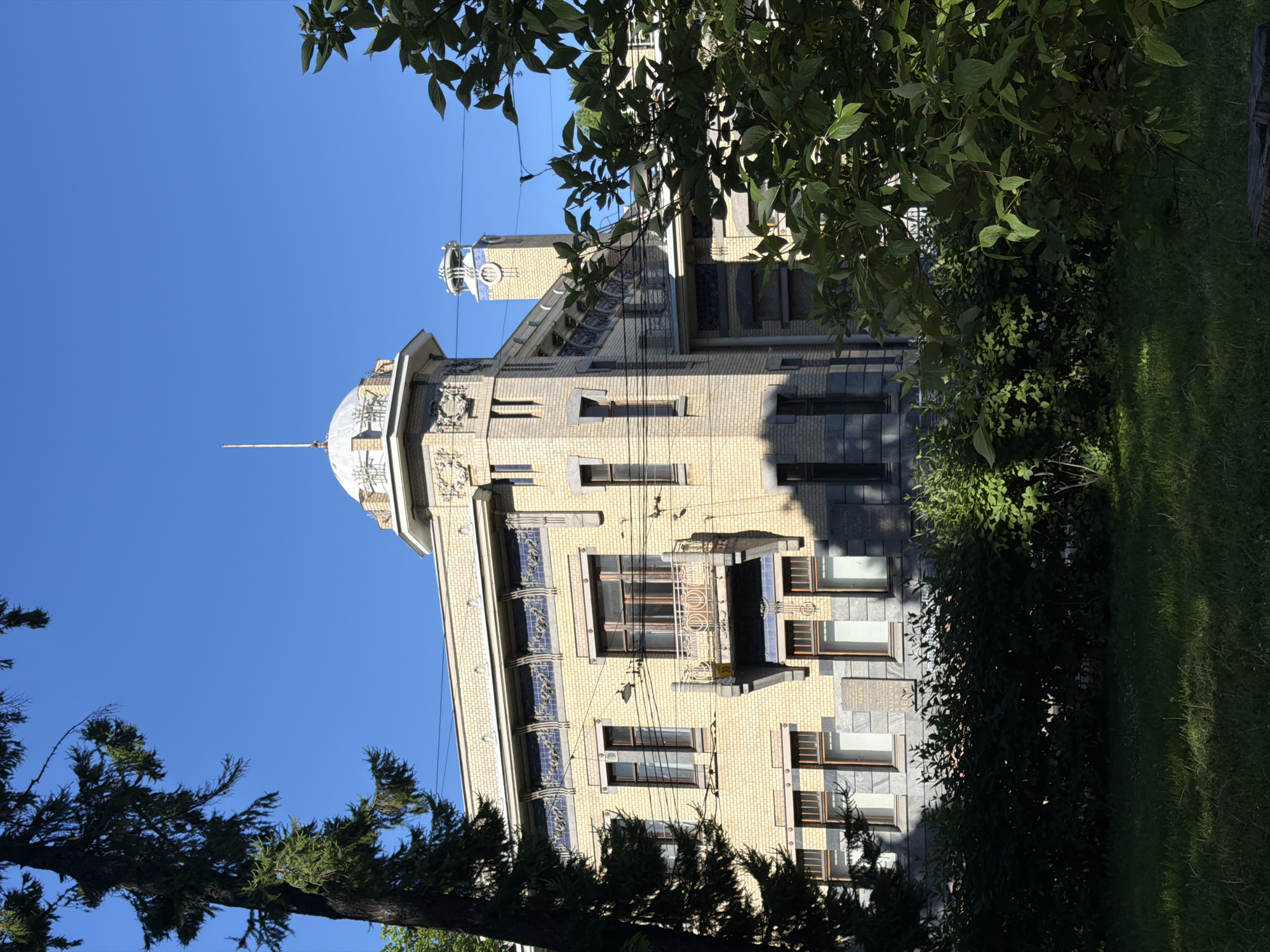 The image displays the House of P.I. Gilse van der Pals, also known as the Shchuplyuk House, located at Kronverksky Prospekt, 23, in Saint Petersburg, Russia. This Art Nouveau (Modern style) building occupies the central and upper-right portions of the frame under a clear, brilliant blue sky.
The building's facade consists of light yellow brick on the upper stories, contrasting with a grey stone base. A prominent corner turret with a light-colored dome and a slender spire is visible on the left side of the main facade, featuring decorative bas-reliefs below the dome. A distinctive frieze runs below the roofline, composed of blue ceramic tiles and intricate relief designs depicting stylized creatures. Further to the right and set back, a smaller, square tower-like structure with blue tiled elements and a circular clock-like design protrudes from the roof. Rectangular windows with dark frames are scattered across the facade. A small balcony with an ornate metal railing extends from the mid-section, featuring a partially visible numerical sign reading "30". Overhead utility wires cross the upper-right sky.
The foreground is filled with dense green foliage. A tall, dark green coniferous tree trunk with branches extends into the frame from the left, partially obscuring the building. Various bushes and shrubs form a solid green band along the building's base, with a patch of sunlit green grass visible in the lower-left foreground. Strong sunlight illuminates the building, casting sharp shadows that emphasize its architectural details. No individuals are present in the scene.