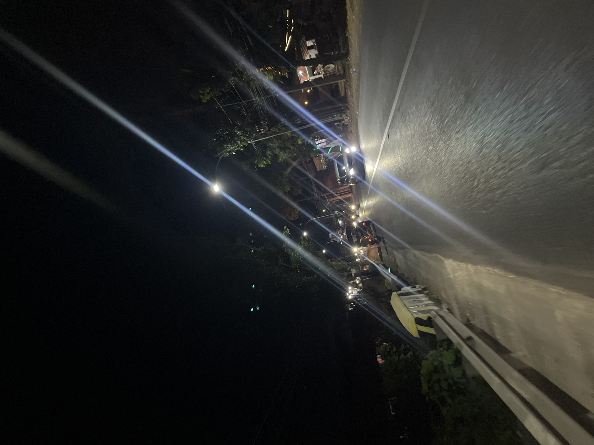 An outdoor, medium shot photograph taken at night shows a dimly lit, paved road in the city of Kalinyamatan, Indonesia. The camera is positioned low and to the left, looking across the road toward the right side of the frame. A yellow and gray guardrail runs along the left edge of the image, bordering a drop-off. Trees and utility poles are visible along the right side of the road, with some buildings and structures in the background. Several vehicles, including cars and motorcycles, are present on the road, with their headlights illuminating the scene. The lighting creates bright streaks of light that extend across the image due to the camera's exposure to strong light sources. The overall impression is a busy street scene at night.