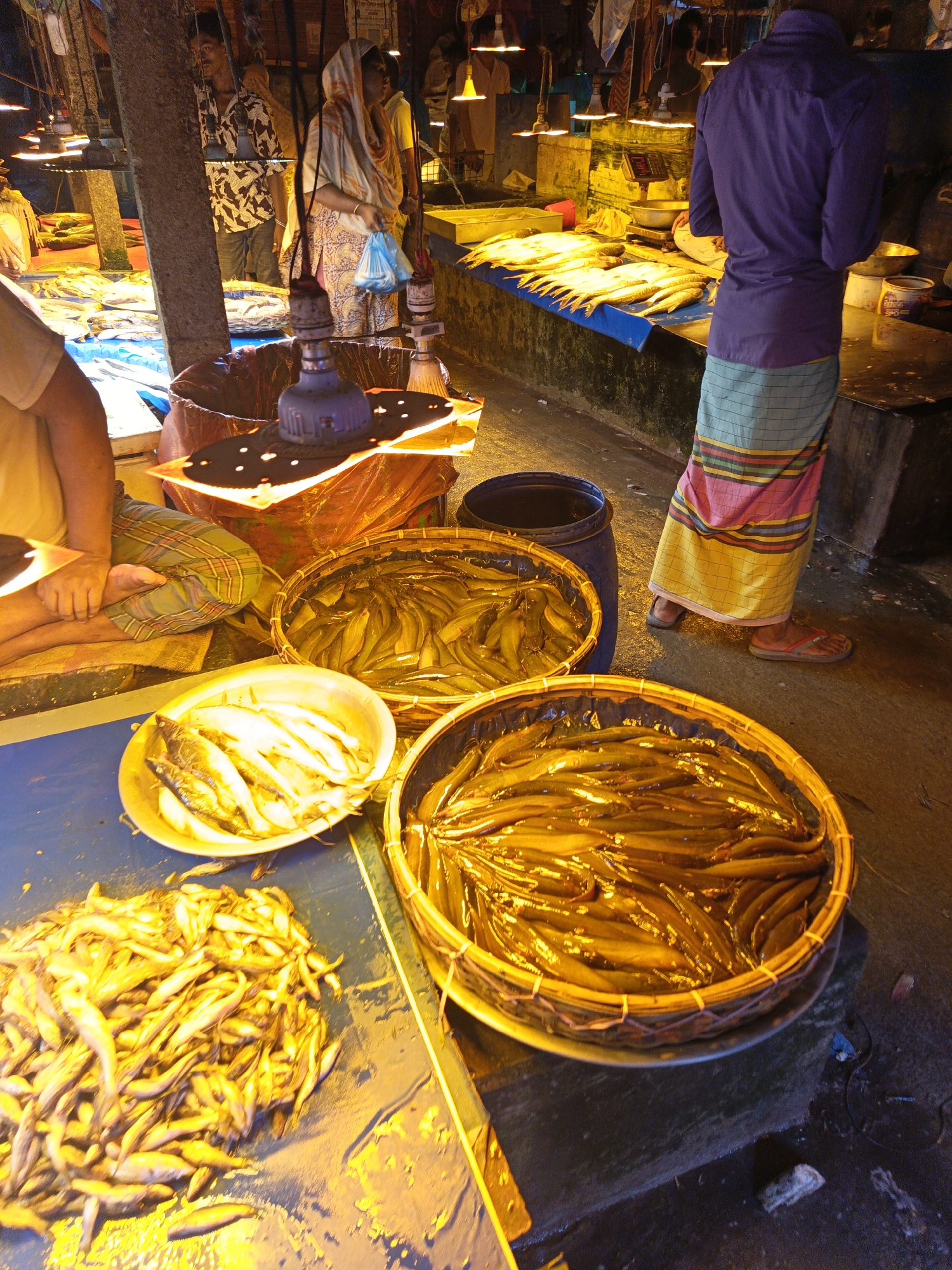 This image captures a lively scene within a bustling fish market, likely in Dhaka, Bangladesh, illuminated by the warm, yellowish glow of hanging incandescent bulbs. The setting appears to be a covered or indoor area, characterized by a damp, uneven floor.
In the immediate foreground, a significant pile of small, slender, silvery fish is displayed directly on a blue tarp covering a table. Adjacent to this, a white bowl holds a smaller collection of similar fish. To the right, two large, round wicker baskets are brimming with numerous dark, elongated fish, possibly freshwater catfish or eels, which glisten under the artificial light. A blue barrel is positioned between these baskets.
Several individuals populate the scene. On the far left, a person squats, clad in a plaid lungi or trousers and a light-colored top, with their bare feet visible. Towards the center-right, a person stands with their back to the camera, wearing a purple long-sleeved shirt and a brightly striped lungi with bands of teal, pink, yellow, and red, paired with flip-flops. This individual stands before a raised counter where larger fish are neatly arranged on a blue tarp, suggesting active sales. A weighing scale is visible on the counter behind them.
Further back, a woman wearing a headscarf and patterned attire holds a blue plastic bag, her attention seemingly directed to the right. A man in a patterned shirt is partially visible behind a sturdy wooden pillar. Other blurred figures and additional market stalls recede into the dimly lit background, reinforcing the market's busy atmosphere. The predominant artificial light suggests either an evening, night, or very early morning operation. The attire and market type are characteristic of South Asian wet markets. There is no visible text.