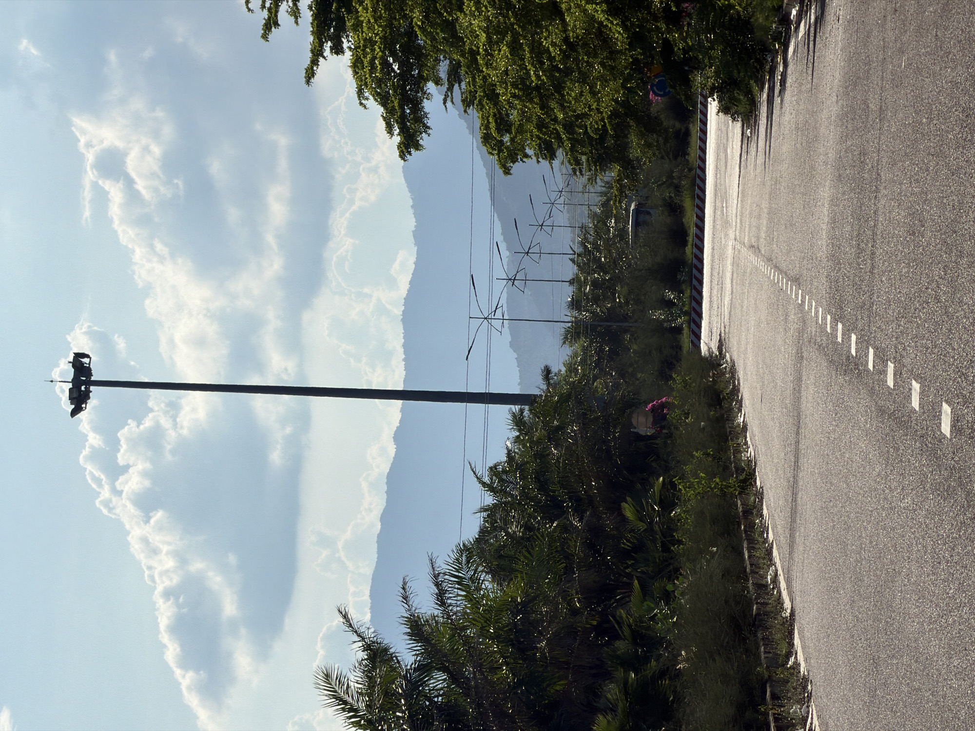 In Cam Lam, Vietnam, this image depicts a road curving towards a barrier on a bright, sunny day. Palm trees and dense greenery line the left side of the road, while a large tree with vibrant green foliage borders the right. In the background, a tall lighting pole stands prominently, with a series of streetlights receding into the distance. Mountains form a hazy silhouette against the sky, which is dotted with fluffy white clouds. A person in a pink garment is partially visible near the palm trees. The road itself is paved and marked with dashed white lines.