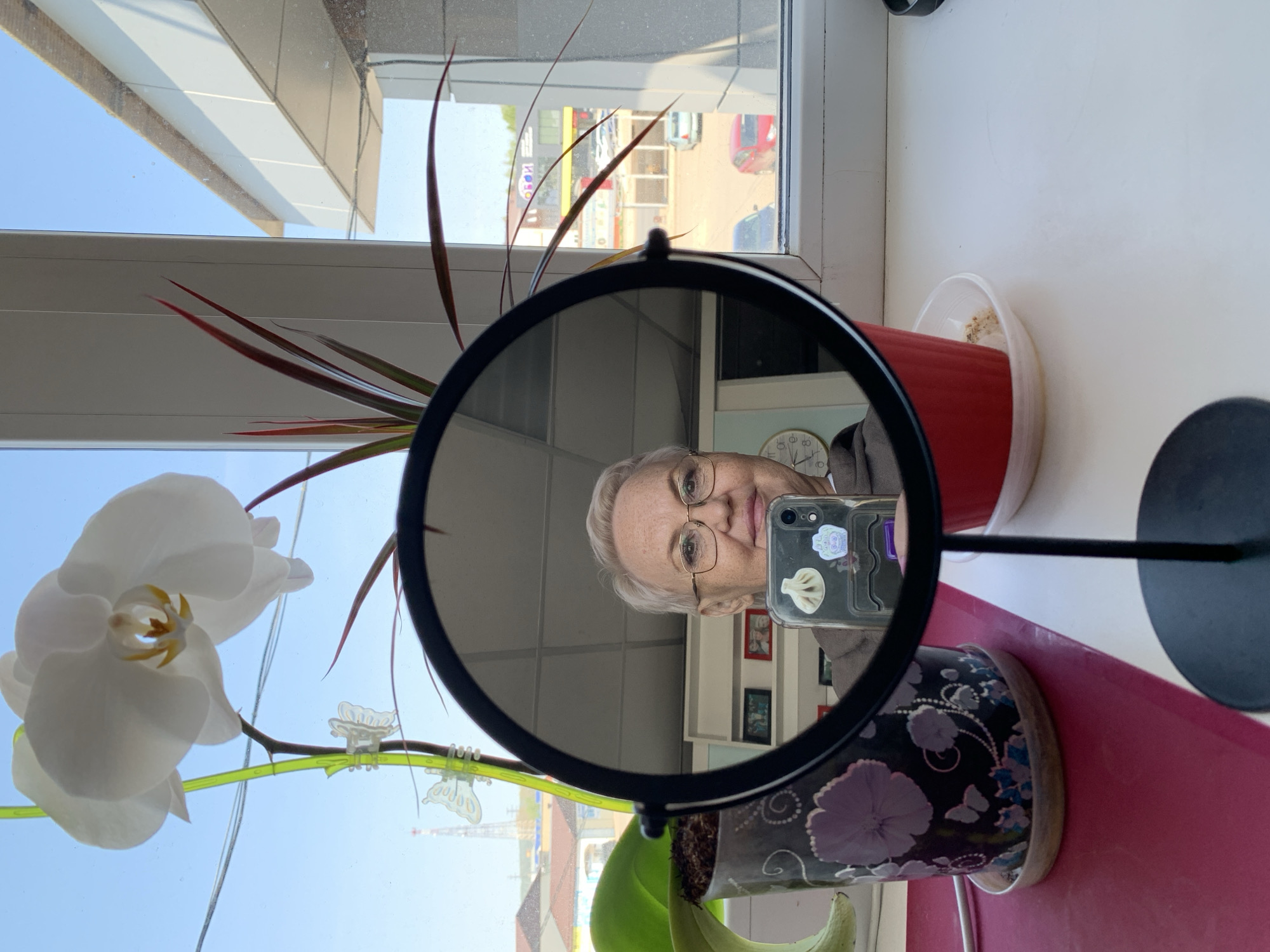 A person with short gray hair and glasses is reflected in a round mirror, holding a smartphone with stickers on the back. The mirror is positioned between two potted plants, one with an orchid and the other with red leaves, against a window. Outside the window, buildings and vehicles are visible, potentially indicating an urban setting. A clock is on the wall, and several small framed pictures can be seen. The location is Chaikovsky, Russia.