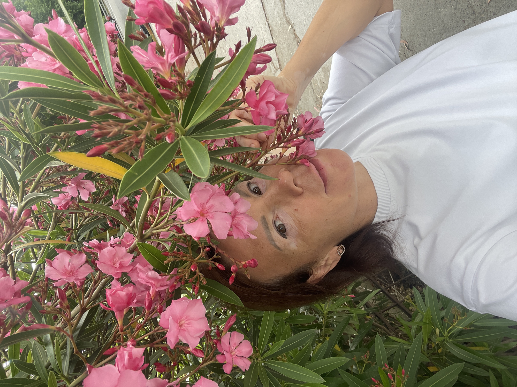 A woman with brown hair and light skin, wearing a white t-shirt and a small diamond stud earring, is taking a selfie outdoors. She is partially obscured by a bush with numerous pink flowers and green leaves. Her right hand is visible, holding a pink flower near her face. The background shows a blurred view of a street with a car, suggesting an urban environment. The lighting indicates it is daytime. The image does not contain information specific to Sochi, Russia.
