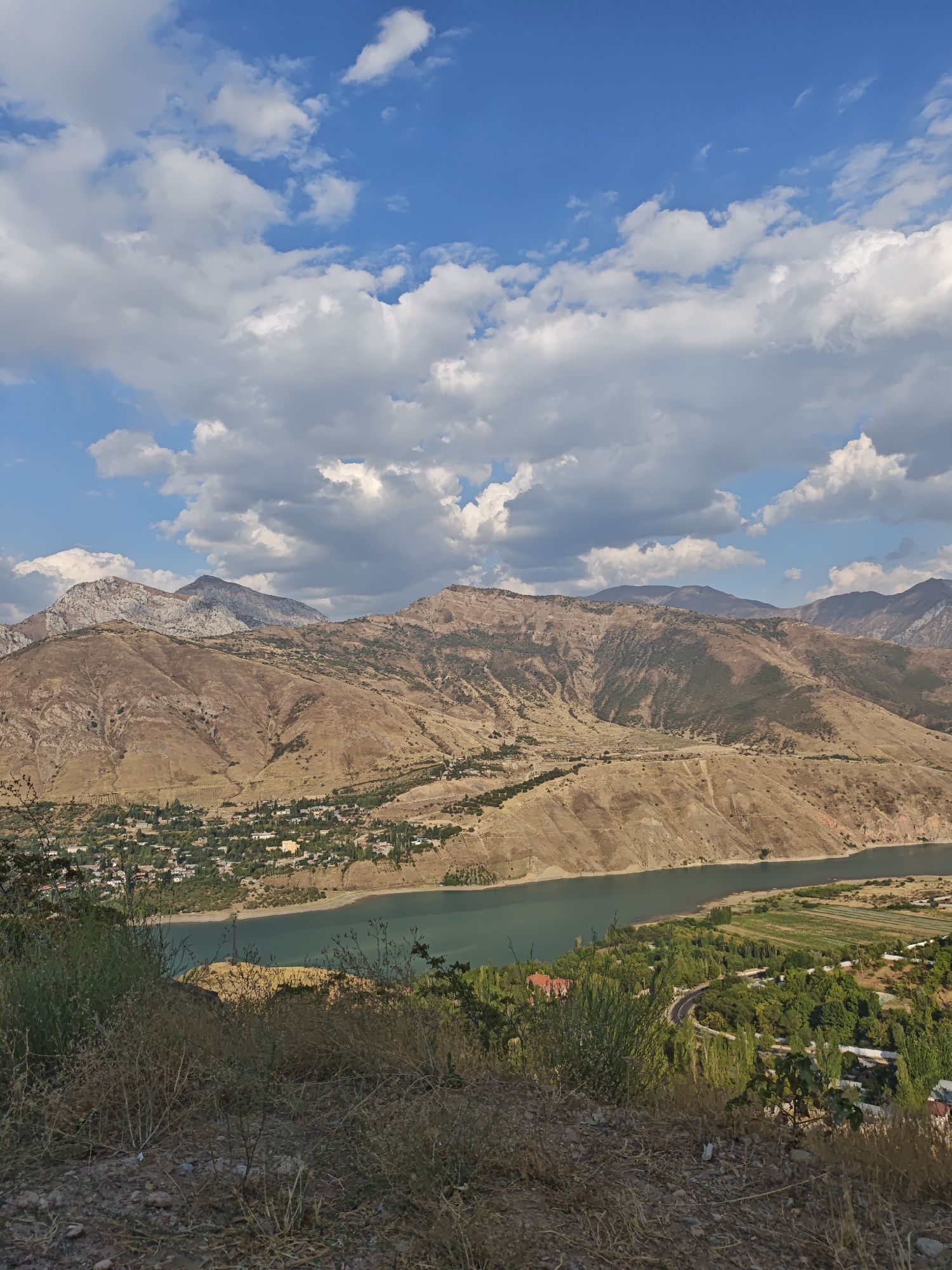 A vertical, outdoor, daytime photograph captures a panoramic view of a mountainous landscape with a reservoir in the foreground, situated in the vicinity of Yangikurgan, Uzbekistan. The sky above is a vibrant blue, dotted with fluffy white and gray clouds.
The midground features rugged, arid mountains with slopes of brown and tan earth, sparselyVegetation. A village with numerous houses and buildings is nestled at the base of the mountains, bordering the reservoir. The reservoir itself, a body of calm, teal water, curves through the landscape, reflecting the sky and surrounding terrain.
In the foreground, a steep, rocky incline is covered with dry, brown grasses and small shrubs. The lower right portion of the image shows a strip of green agricultural fields, possibly irrigated land, with a winding road and more scattered buildings and trees. The overall impression is one of a vast, natural landscape with human settlements integrated into it.