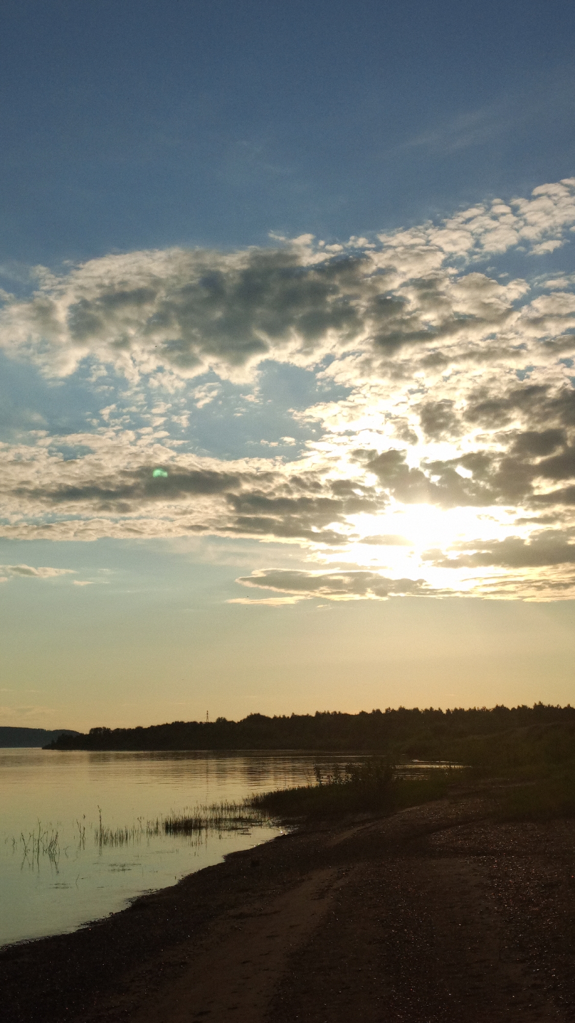 The image depicts a landscape scene captured during either sunrise or sunset over the Kama River, near the settlement of Шолья, Udmurtia, Russia. The upper portion of the frame features a clear blue sky, transitioning downwards to a dense formation of cumulus and stratocumulus clouds. The sun is positioned behind these clouds in the upper-right quadrant, emitting a strong glare and creating a distinct green lens flare in the upper-left region of the sun's vicinity. The clouds directly illuminated by the sun appear bright white and golden, contrasting with their shadowed undersides.
Below the horizon line, the calm surface of the Kama River occupies the middle ground, reflecting the warm, golden light of the sky. Gentle ripples are visible across the water, particularly along the shoreline. The immediate foreground consists of a dark, sandy, and gravelly beach, curving from the lower-left to the lower-right, cast largely in shadow. Sparse aquatic vegetation and small bushes grow along the water's edge on this near bank. Across the river, a distant, undulating treeline forms a dark, silhouetted band against the sky, extending horizontally. A faint, slender structure, resembling a communication or power tower, is visible on the distant treeline silhouette, slightly left of the image center. No human figures or animals are present in the scene.