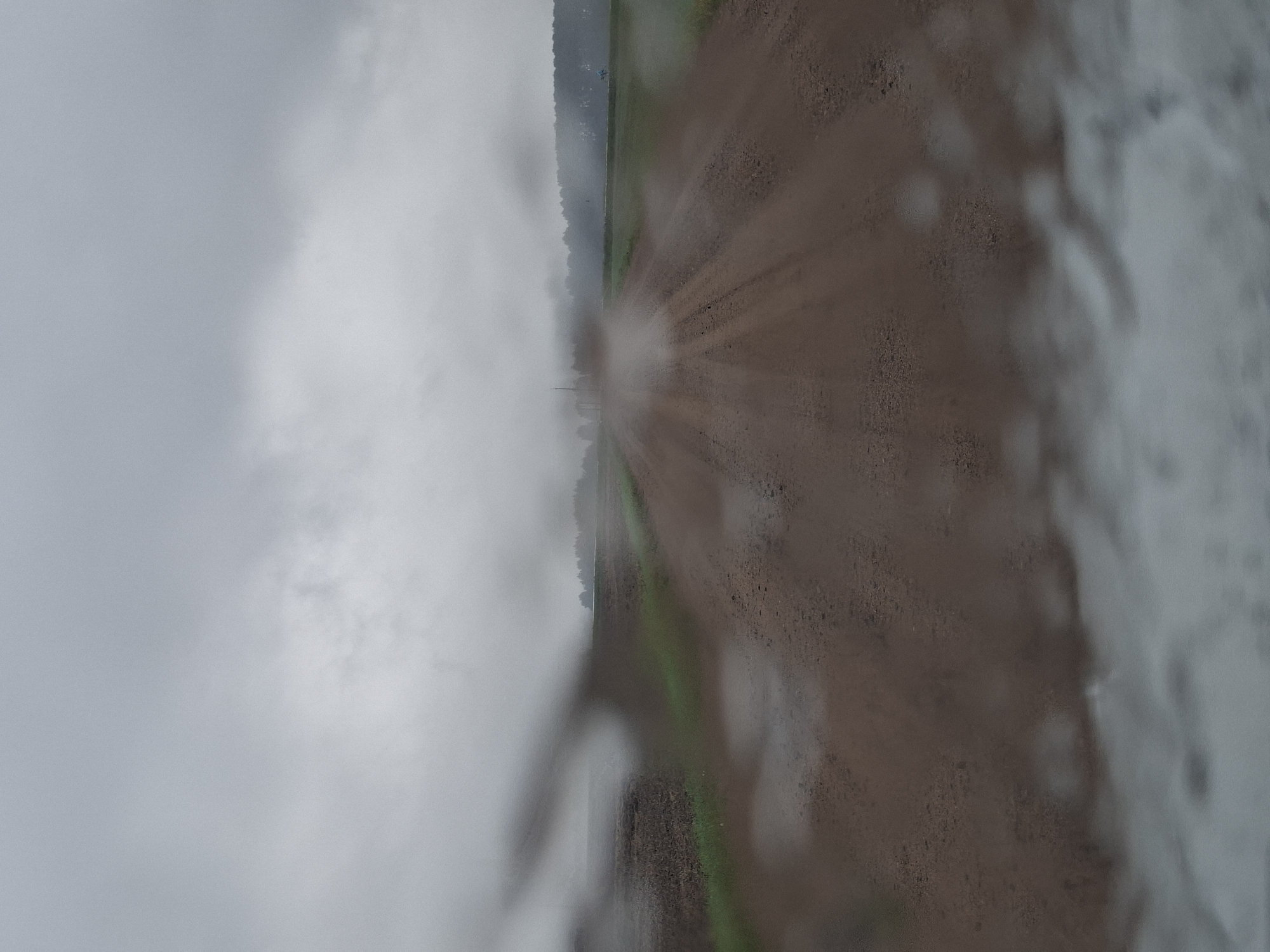 The image depicts a dirt road in a rural area under an overcast sky, possibly during or after rain, as evidenced by water droplets on the lens in the foreground which create a blurred, streaky effect. The road appears to be wet and churned, with tire tracks visible. To the left of the road is a field, possibly agricultural, with some sparse green vegetation. To the right of the road, and in the distance, is a line of trees, suggesting a wooded area or forest. The overall atmosphere is somber and muted, with a lack of clear detail due to the atmospheric conditions and the foreground obstruction. The location is identified as Славенскі сельскі Савет, Belarus, which is a rural administrative region. No people or specific objects are clearly identifiable in the scene.