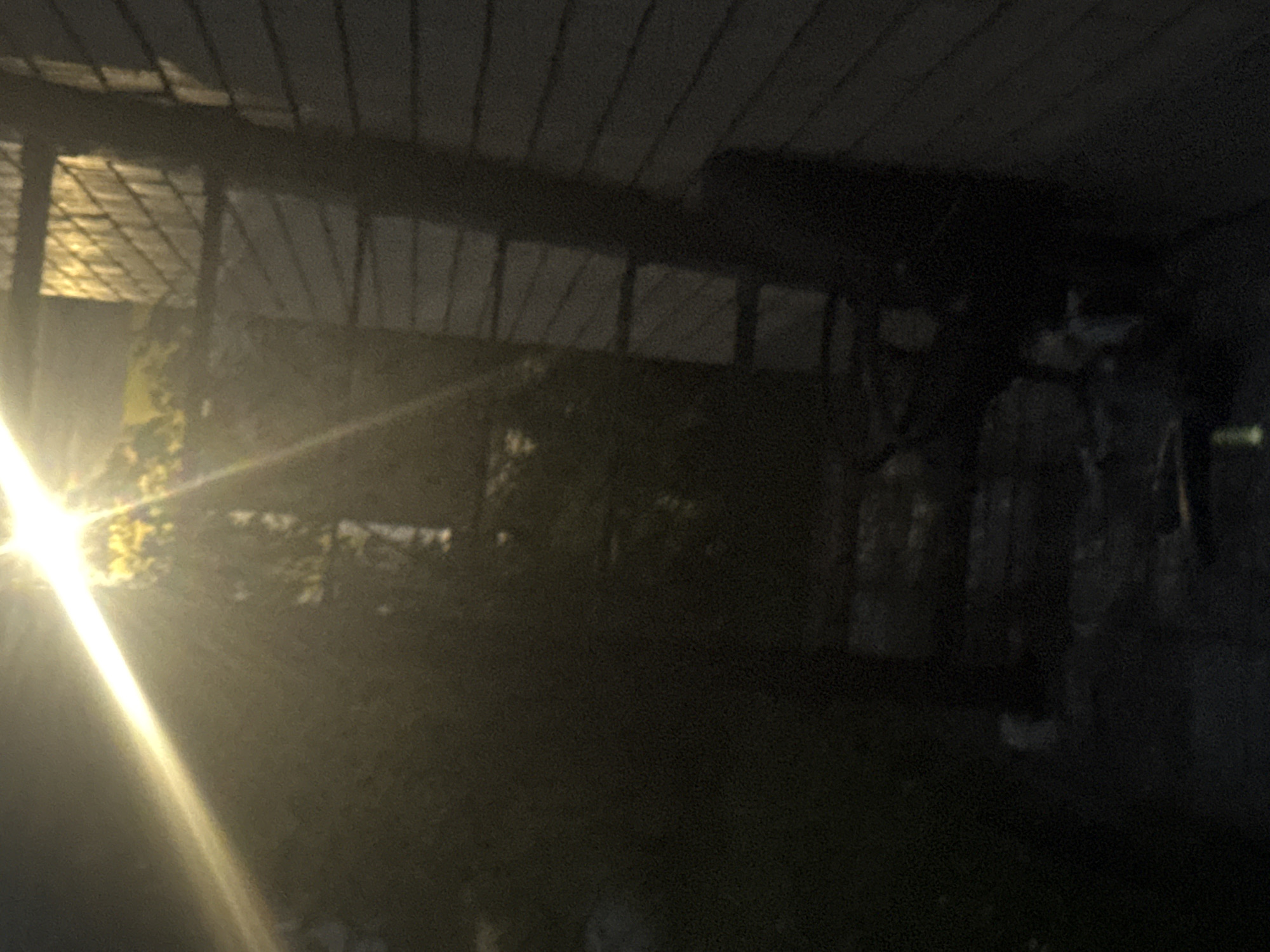 The image captures a dimly lit scene outdoors, possibly an alleyway or backyard. A strong beam of light cuts across the frame from the upper left, creating a lens flare and illuminating a section of a building on the right. The building appears to be made of wood siding, with horizontal planks visible. To the left of the building, a dark, leafy tree or shrubbery is partially visible. In the foreground, the ground is dark and somewhat indistinct, with a few faint shapes that could be debris or small objects. A tall, narrow object, possibly a ladder or fence post, stands vertically against the building. The overall impression is one of low light conditions, with the bright light source dominating the upper portion of the image.