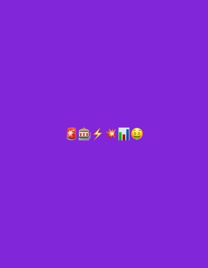 The image is a minimalist design on a vibrant purple background. At the bottom center, there is a horizontal row of five emojis: a can of soda, a slot machine, a lightning bolt, a bar chart with upward trending bars in red and green, and a money-mouth face emoji. There are no people or identifiable locations in the image.
