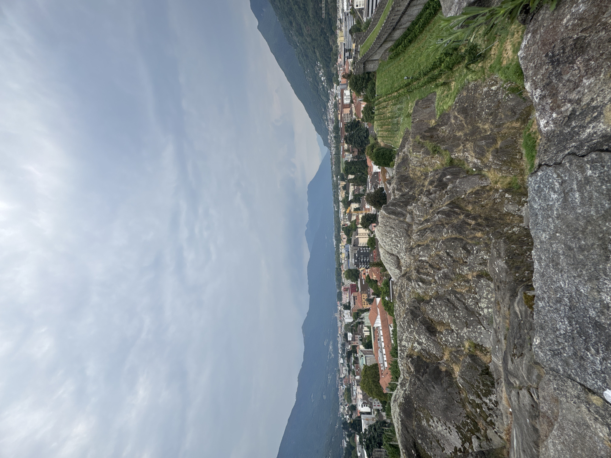 This is a photograph taken from a high vantage point, likely a castle or fortified wall, looking out over the city of Bellinzona, Switzerland. In the foreground, rough, gray rocks with patches of dry grass and lichen dominate the lower portion of the frame. Beyond the rocks, the middle ground reveals a dense cityscape characterized by buildings with red-tiled roofs and other modern structures. A green vineyard with neat rows of vines stretches diagonally across the scene, bordered by a stone wall. In the background, rolling green mountains rise up, partially obscured by a hazy, overcast sky. The overall impression is of a historic town nestled within a natural landscape under a muted sky.