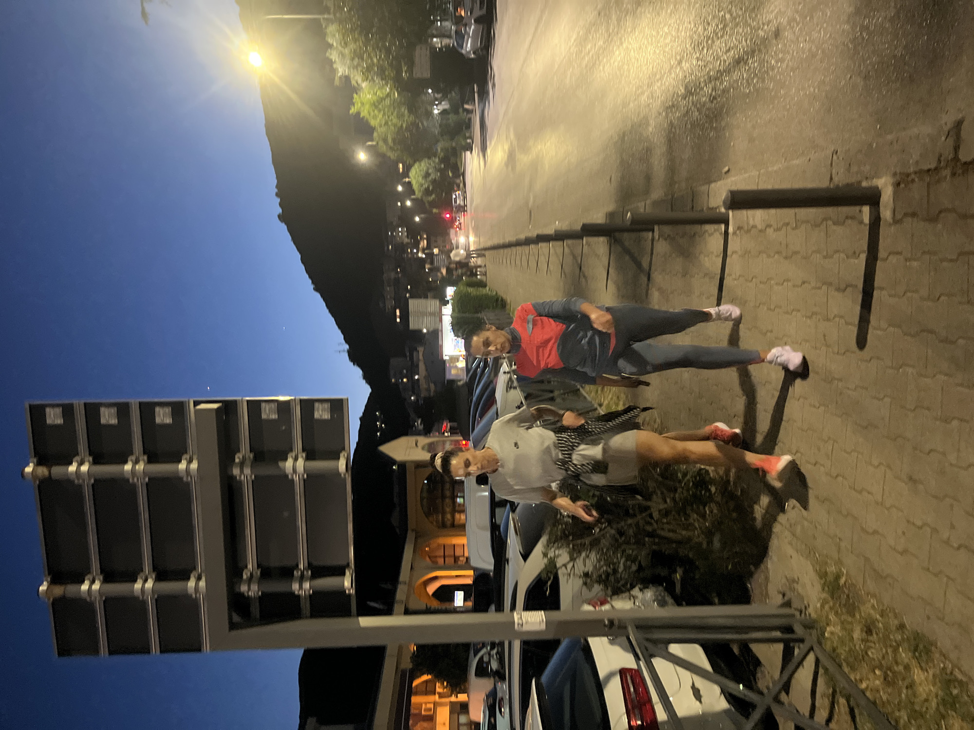 Two women are walking on a sidewalk in an urban environment at dusk. The woman on the left is wearing a grey t-shirt, a grey skirt, and pink sneakers. She has a plaid shirt tied around her waist. The woman on the right is wearing a red and grey athletic top and grey leggings with white sneakers. They are walking away from the viewer, towards the right side of the frame. The sidewalk is paved with interlocking bricks. To the left of the sidewalk, there are parked cars and some greenery. A large, dark sign structure is visible behind the woman on the left. The street is to the right of the sidewalk, with cars driving and streetlights illuminating the area. In the background, there are buildings and a hillside with lights from houses. The sky is a deep blue, indicating evening.