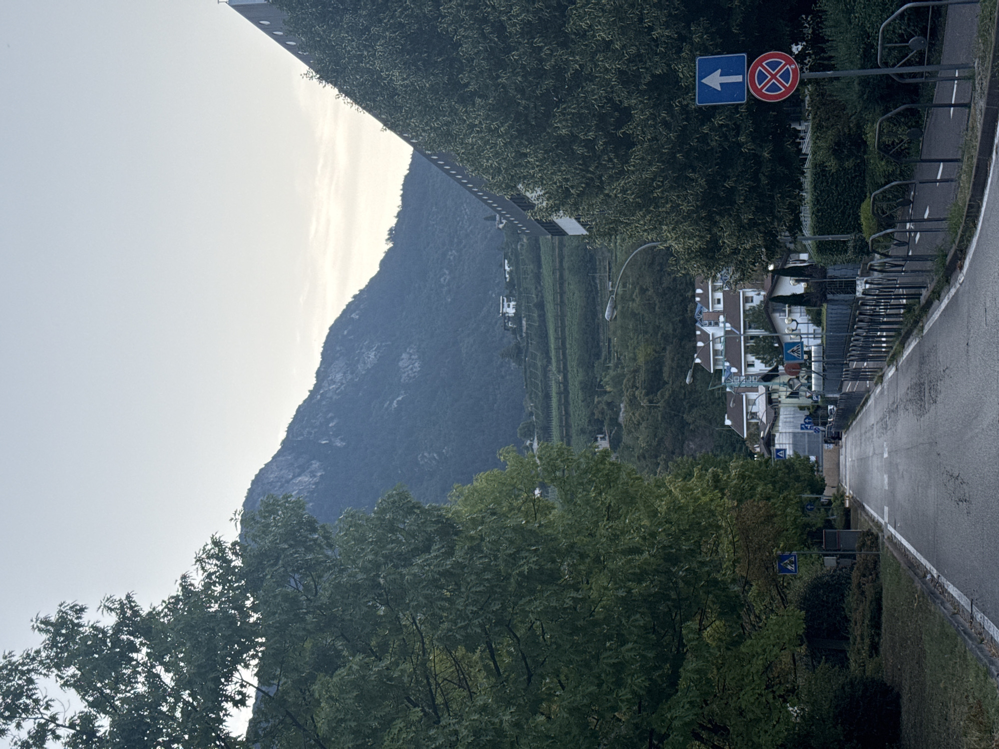 The image shows a street in the city of Trento, Italy, with a mountain in the background. The street is paved and has white lines marking the lanes. There are trees on both sides of the street, and buildings are visible in the distance. There are also traffic signs, including a "no parking" sign and an arrow indicating the direction of traffic. The sky is overcast, and the overall lighting suggests it is either early morning or late afternoon.
