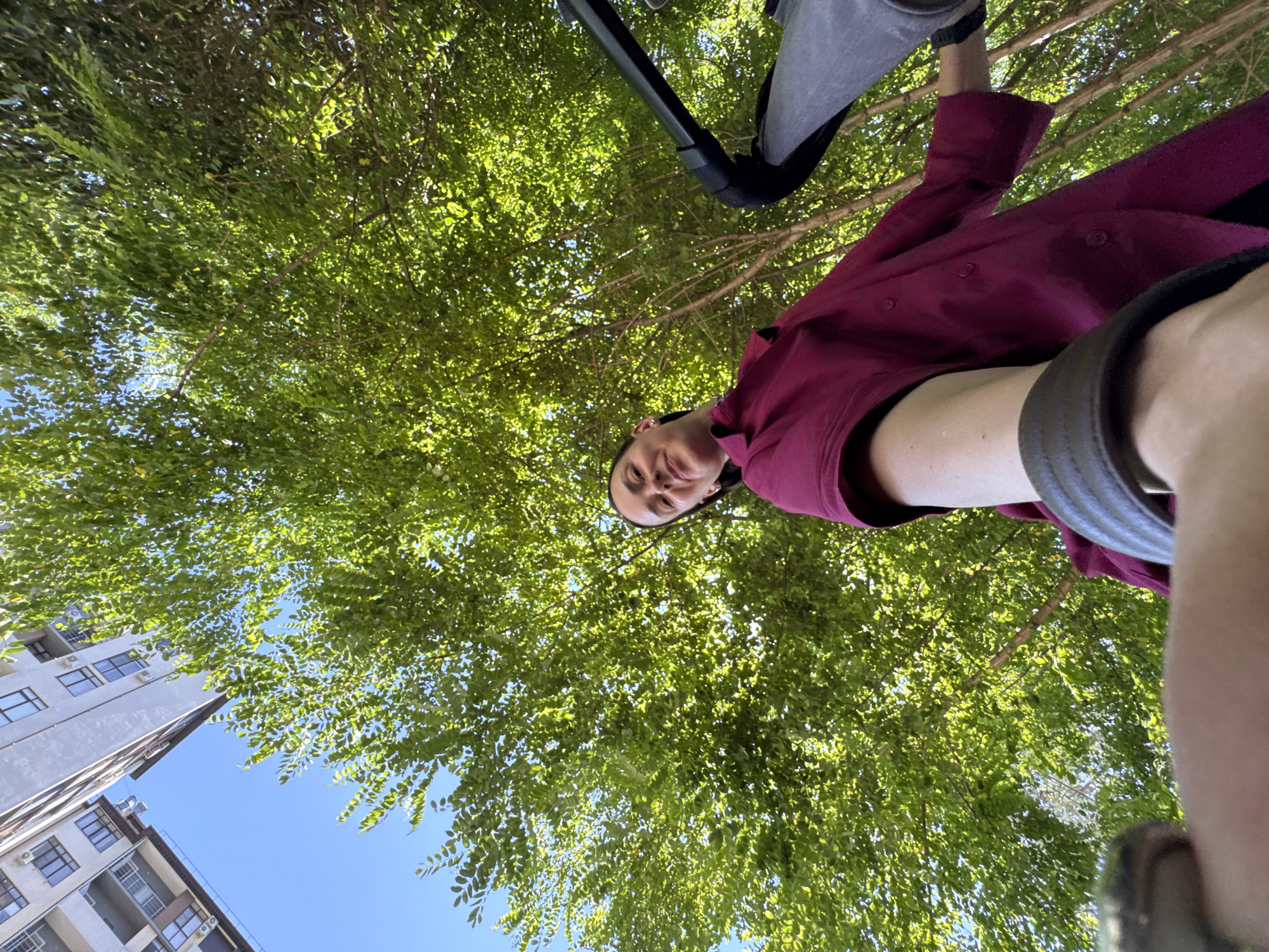 A low-angle, wide-shot selfie captures a woman from below, walking under the canopy of a lush green tree. She is wearing a dark pink collared shirt. Her right arm is extended, holding onto the handle of a stroller, which is partially visible on the right side of the frame. The stroller's fabric is grey. In the background, a tall, modern apartment building with multiple windows is visible against a clear blue sky. The overall scene suggests an outdoor setting in an urban environment, possibly in Sochi, Russia, given the architectural style and vegetation.