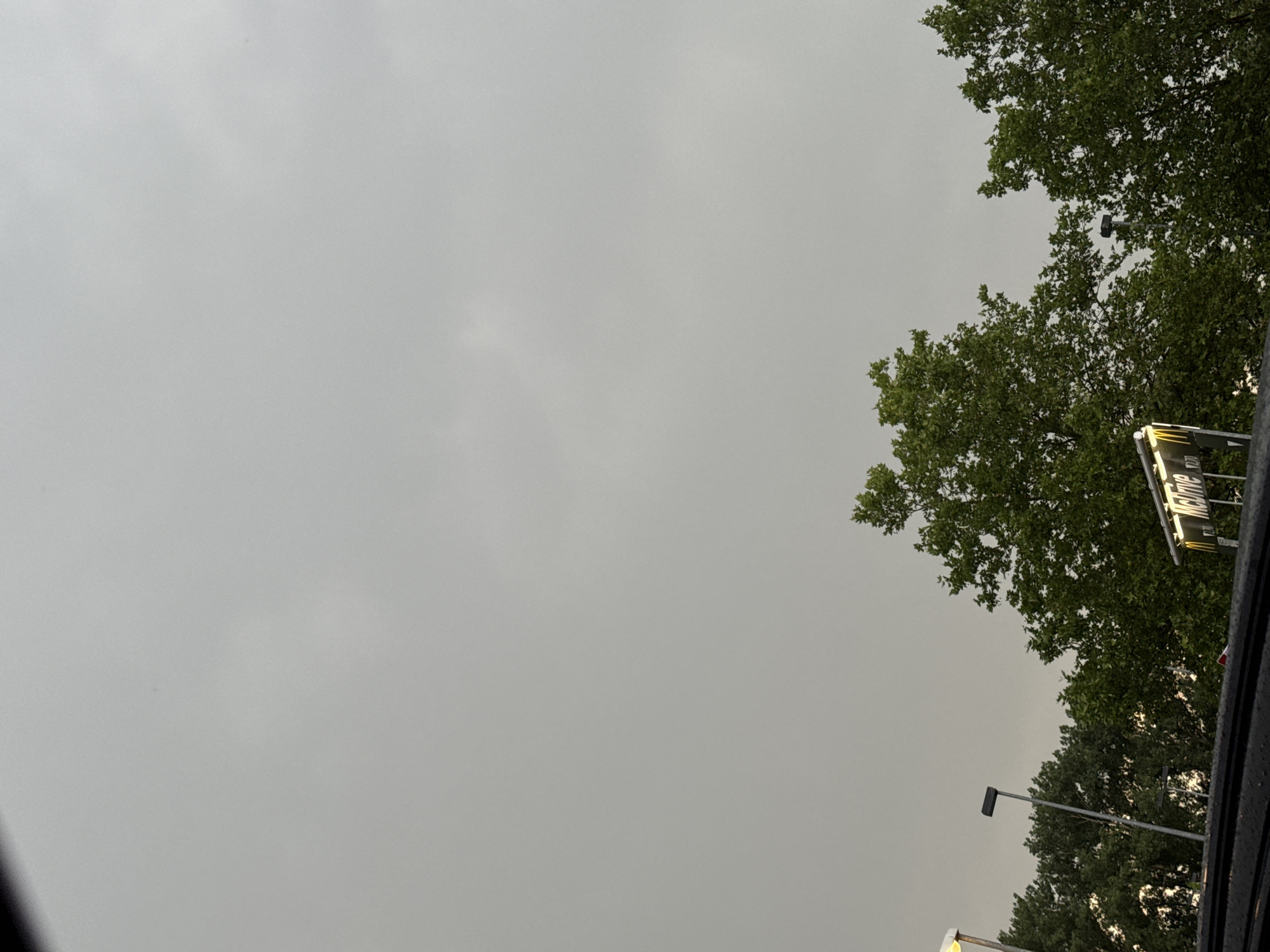 An overcast sky fills the majority of the frame. Below, lush green trees are visible, with some branches reaching towards the sky. A McDonald's "McDrive" sign with illuminated text is partially visible on the right side of the frame, positioned above the trees. Streetlights can be seen interspersed among the trees, with one on the left appearing to be a modern design with a prominent lamp, and another on the right being a taller, thinner pole with a rectangular light fixture. A dark, blurry foreground element, possibly a car's windshield or dashboard, occupies the bottom of the image. The scene appears to be a roadside view, possibly in a suburban or commercial area, given the presence of the fast-food signage and streetlights. The overall atmosphere is subdued due to the cloudy sky.