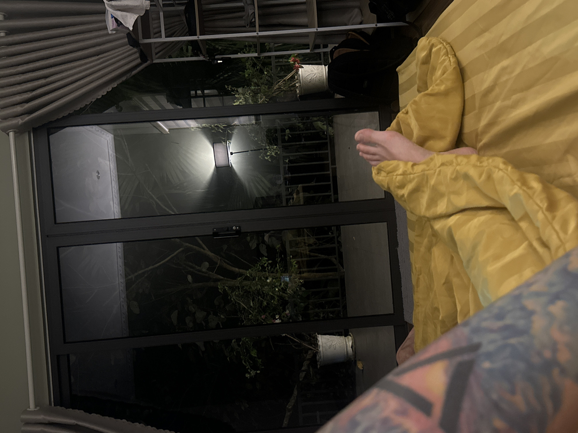 View from a bed in a Hà Giang 1 Ward, Vietnam residence. A person with leg tattoo, partially covered by a yellow blanket, is lying on a yellow striped bed. Outside, a double-paned window shows trees and a balcony with plants in pots. Gray drapes hang on the left.