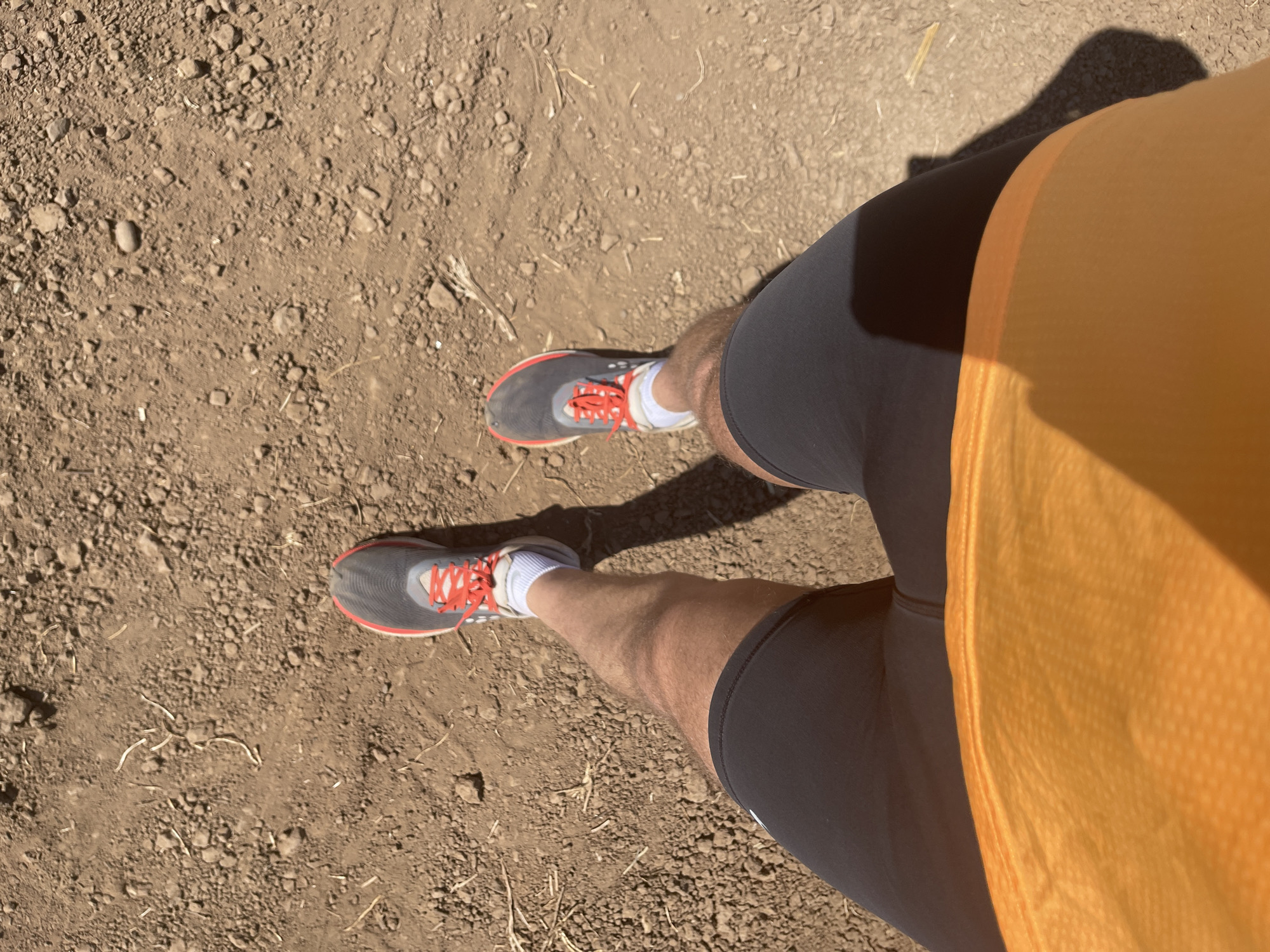 The image shows a first-person perspective of a person standing on a dirt path. The person is wearing grey running shoes with bright orange laces, white socks, black running shorts, and an orange shirt. The ground is dry and consists of dirt and small rocks. The person is likely outdoors during the day, based on the lighting. The location is not discernible as Перевозное, Russia based on the image alone.
