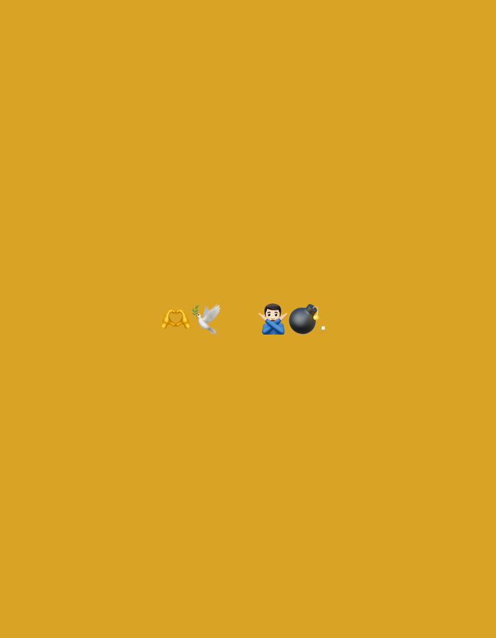 The image shows a mustard-yellow background with four emojis arranged horizontally near the bottom. From left to right, there is a heart hands emoji, a dove carrying an olive branch, a person with arms crossed, and a black bomb emoji. There is nothing to indicate the location is Noviy, Russia.