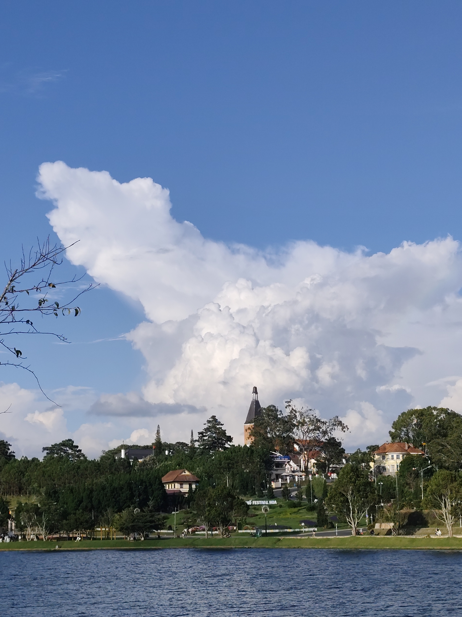 This is a vertical, eye-level outdoor shot of Xuan Huong Lake in Da Lat, Vietnam. The foreground is dominated by the deep blue, rippled surface of the lake. Beyond the lake, a tree-lined shore is visible, with a paved walkway running along it. Several people are scattered along the walkway, some walking, others sitting. Behind the walkway, buildings are nestled amongst lush green trees, including what appears to be a distinctive tower with a dark conical roof and a large villa with a terracotta roof. The middle ground features a gently sloping hill covered in pine trees and a few scattered buildings. The background is a vibrant blue sky filled with dramatic, fluffy white cumulus clouds that take up a significant portion of the frame. A bare tree branch is visible in the upper left corner, silhouetted against the sky and clouds.