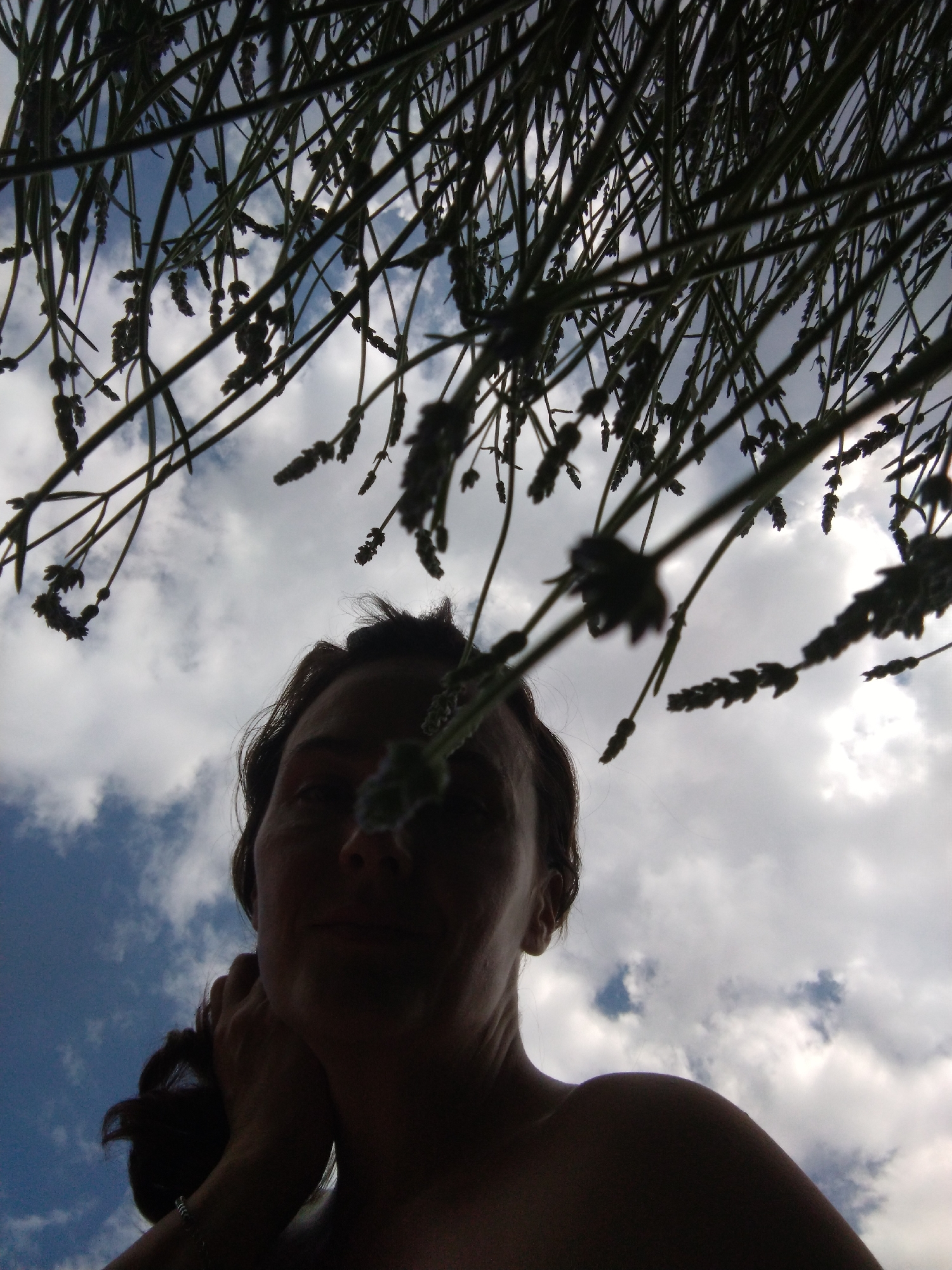 This is a close-up, low-angle, silhouette shot of a woman looking up at the sky, partially obscured by branches of lavender. The woman's face is mostly in shadow, with only her eyes and the bridge of her nose faintly visible. Her hair is pulled back, and she is holding a portion of it in her left hand, which is adorned with a thin bracelet. The background consists of a bright sky with scattered white clouds, suggesting an outdoor setting during the daytime. The presence of lavender suggests the location is likely a garden or an area where this plant is cultivated. The city of Vinogradny, Russia, is known for its vineyards and agricultural landscapes, which could include gardens or parks where lavender might be grown.