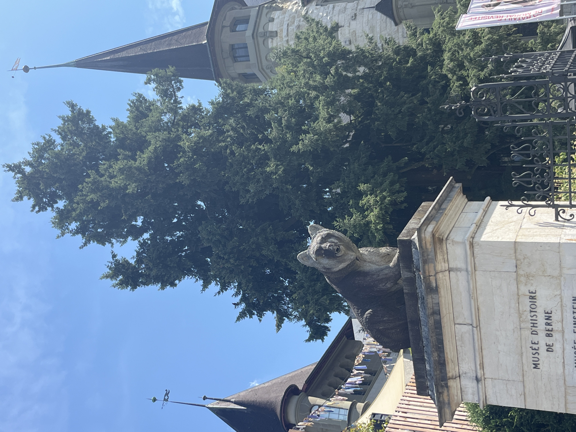 The image depicts the Bear Park in Bern, Switzerland, featuring a prominent bear sculpture made of stone, situated on a pedestal. Behind the sculpture, a large coniferous tree dominates the frame, its branches reaching towards a clear blue sky. To the left and right of the tree, two distinctive castle-like structures with dark spires are visible. The building on the left has laundry hanging from its facade, while the one on the right is made of light-colored stone and features arched windows. In the foreground, a black wrought-iron fence with ornate scrolling encloses the park. Text on the pedestal reads "MUSÉE D'HISTOIRE DE BERNE" (Bern History Museum), indicating the proximity to this institution. The overall scene is one of a sunny day in a historical and green urban setting.