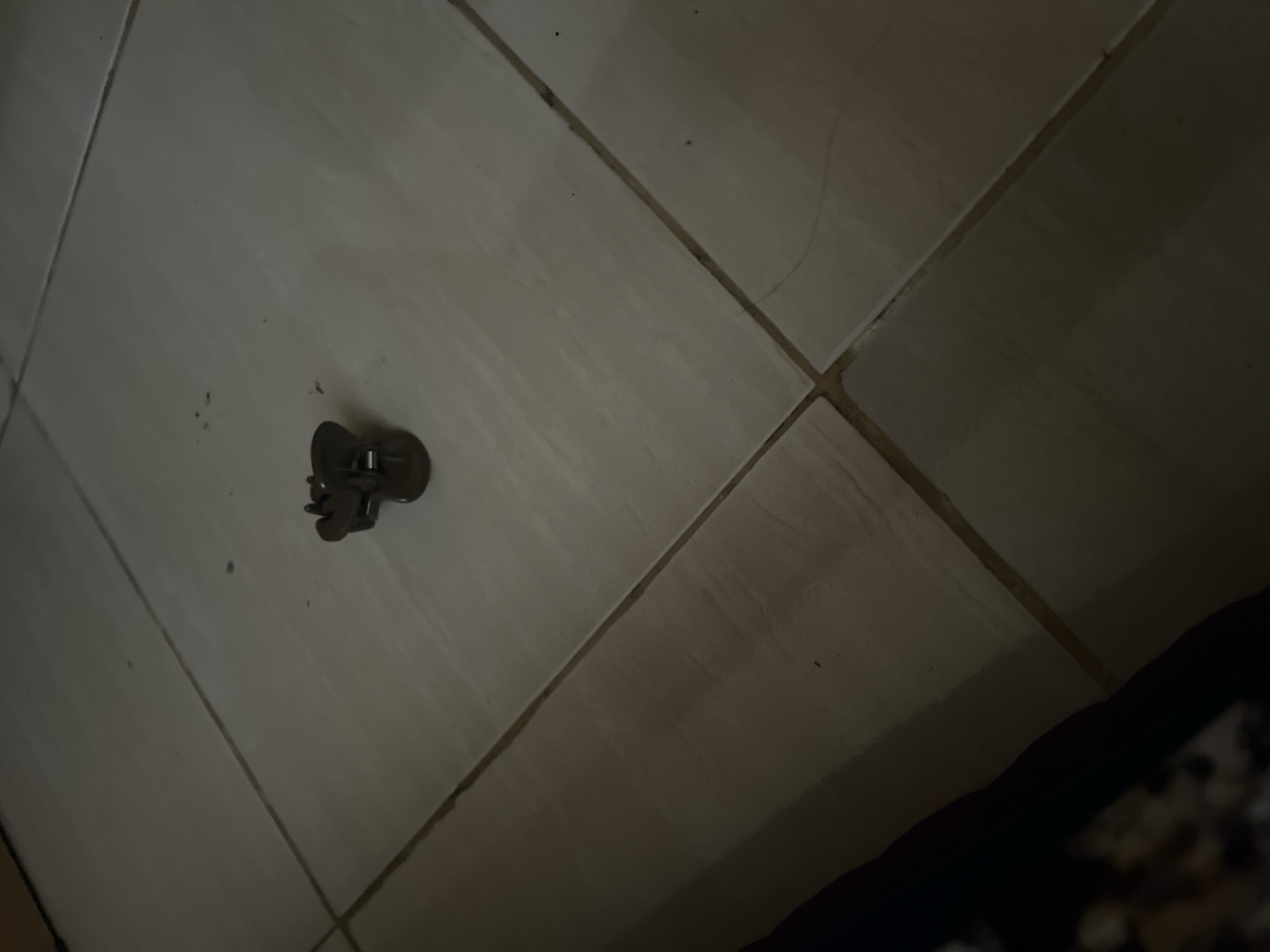 A close-up, overhead shot shows a small, dark brown plastic hair clip lying on a tiled floor. The clip is in the center of the frame, and the tiles are a light beige color with thin, darker grout lines. Some dust and debris are visible on the tiles around the clip. The bottom left of the image is largely in shadow, obscuring whatever lies there.