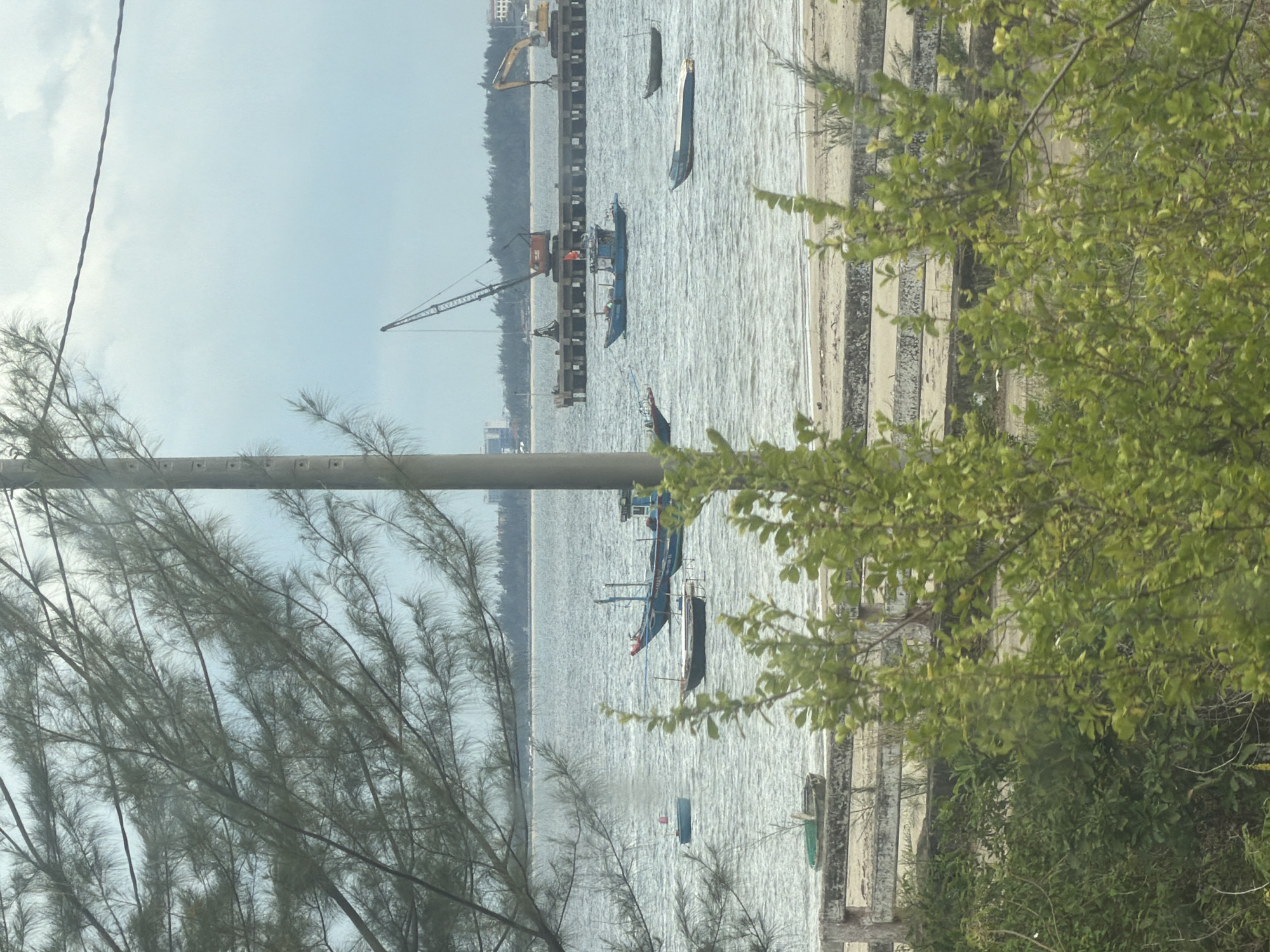 The image depicts a coastal scene near the city of Da Nang, Vietnam. In the foreground, lush green foliage partially obscures the view. Beyond the vegetation, a calm sea stretches towards a distant shoreline lined with trees and buildings. Several small fishing boats are scattered across the water. In the middle ground, a concrete pier extends into the sea, equipped with industrial cranes, suggesting a port or construction area. The sky is overcast, with a few scattered clouds. The overall impression is one of a working harbor on a somewhat hazy day.