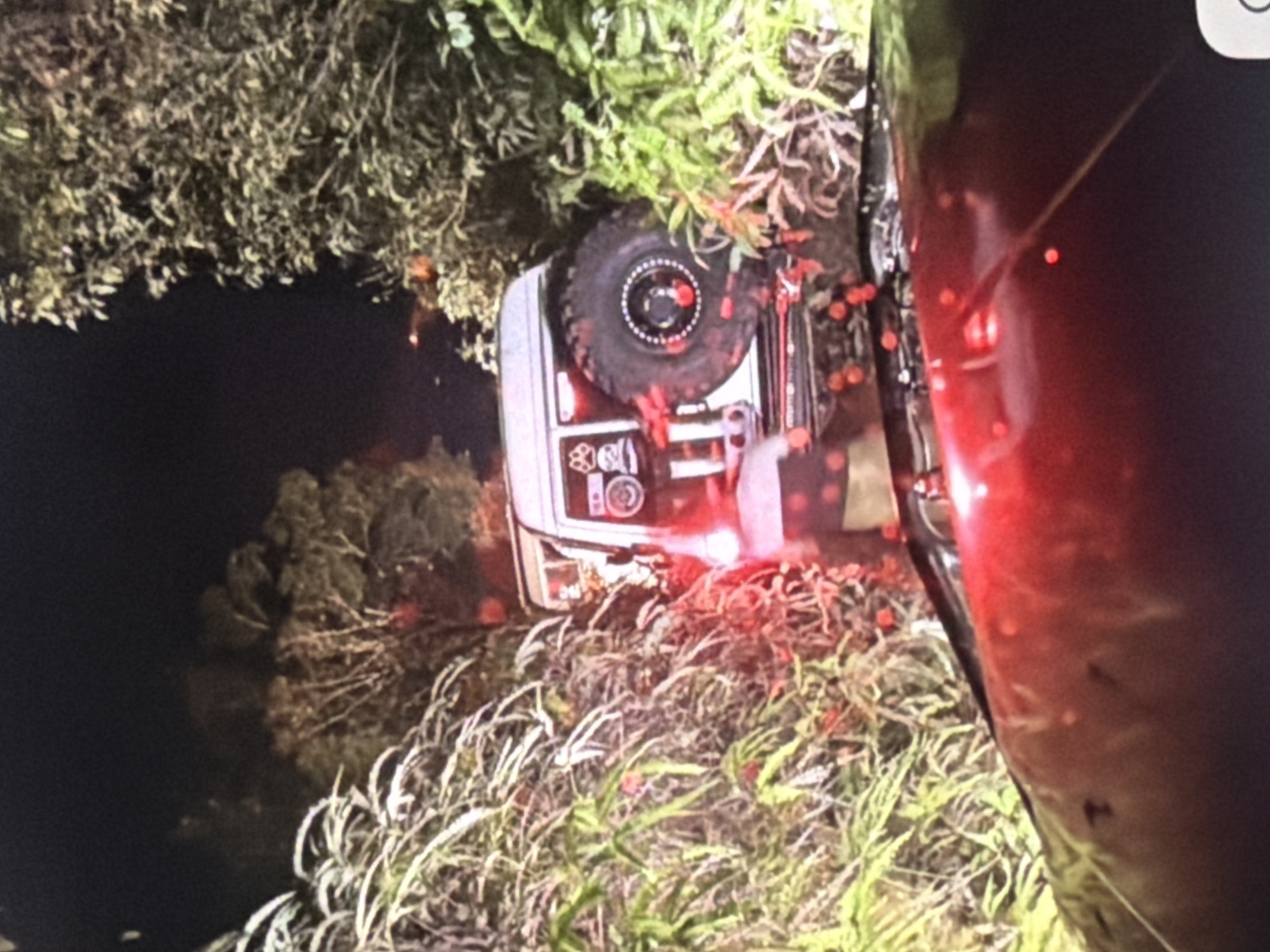 The image depicts a dark, outdoor scene, likely at night, with dense foliage encroaching on a dirt path. A white off-road vehicle, possibly a Jeep, is partially visible, angled towards the right side of the frame. The vehicle has a spare tire mounted on its rear. Red lights, suggestive of taillights or emergency lighting, are illuminated on the vehicle and on the foreground, which appears to be another vehicle's hood. The surroundings are characterized by lush green and brown vegetation, with some dry branches and leaves visible. The lighting is dim, with artificial lights from the vehicle being the primary illumination source. The image suggests a possible off-road excursion that may have encountered an obstacle or a breakdown. No people are visible in the image.