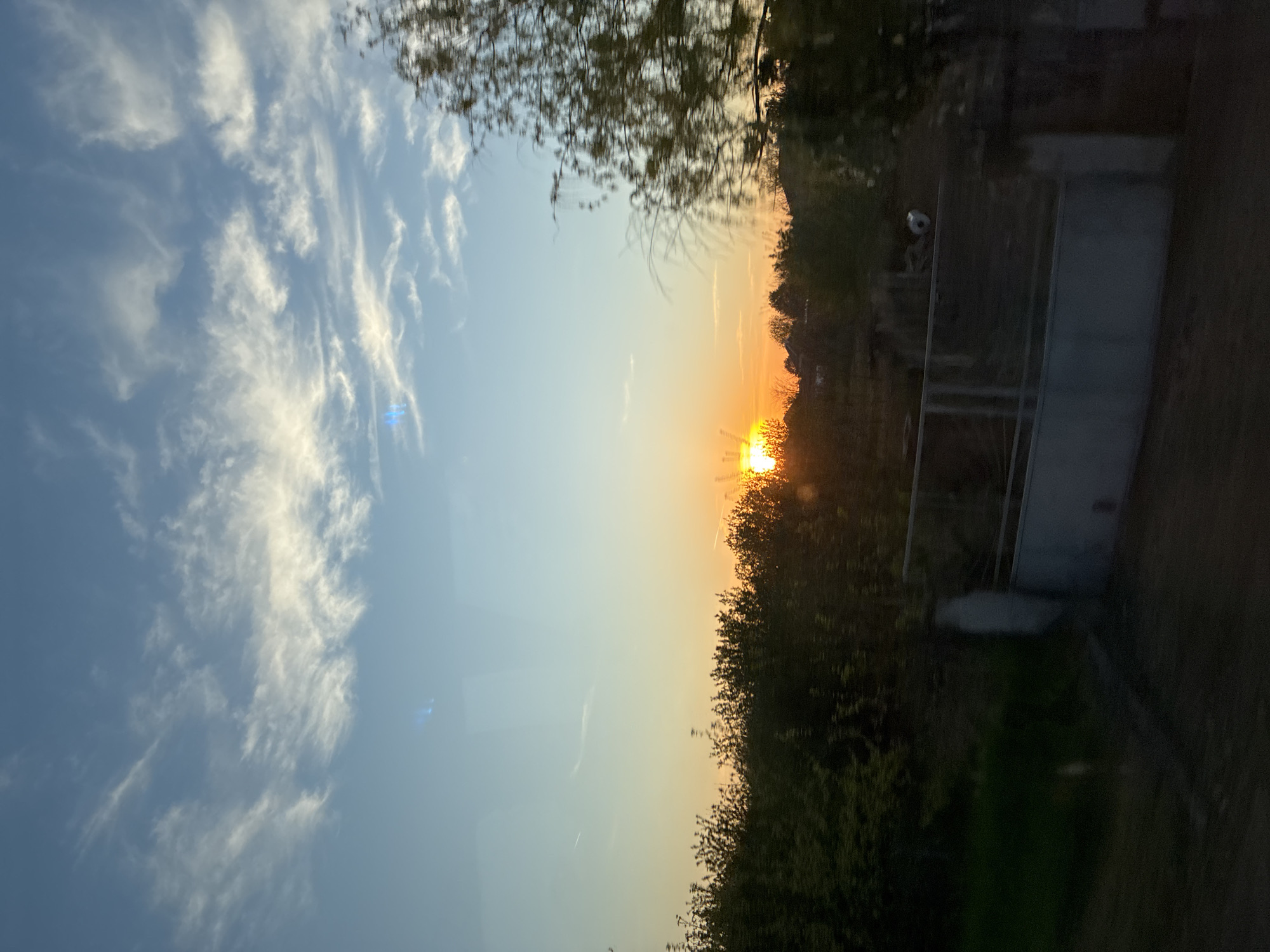 The image captures a vibrant sunset over a rural or semi-rural landscape. The sky dominates the upper portion, transitioning from a clear, light blue on the left to warm hues of orange, yellow, and soft pink towards the right, where the sun is setting. Wispy, white cirrus clouds streak across the blue part of the sky, catching the light.
The sun, a bright and intense golden orb, is positioned on the right side of the horizon, partially obscured by a dense line of silhouetted trees and bushes. Its powerful light creates a distinct sunburst effect, with bright rays extending outwards. There are noticeable lens flares or reflections visible in the sky, particularly a bright blue one in the mid-left area, suggesting the photo might have been taken through a window or glass.
Below the horizon, the landscape is darker, featuring more trees and vegetation. In the bottom right section, faintly visible are what appear to be some man-made structures: possibly a fence or railings, and a larger, darker structure that could be part of a building or wall. A small, light-colored, round object, possibly a football, is discernible in the distant grass area on the right. Blurred tree branches are visible along the top edge of the frame, hinting at foreground elements. The overall impression is one of a peaceful evening scene in Glojene, Bulgaria, during the golden hour of sunset. There is no visible text.