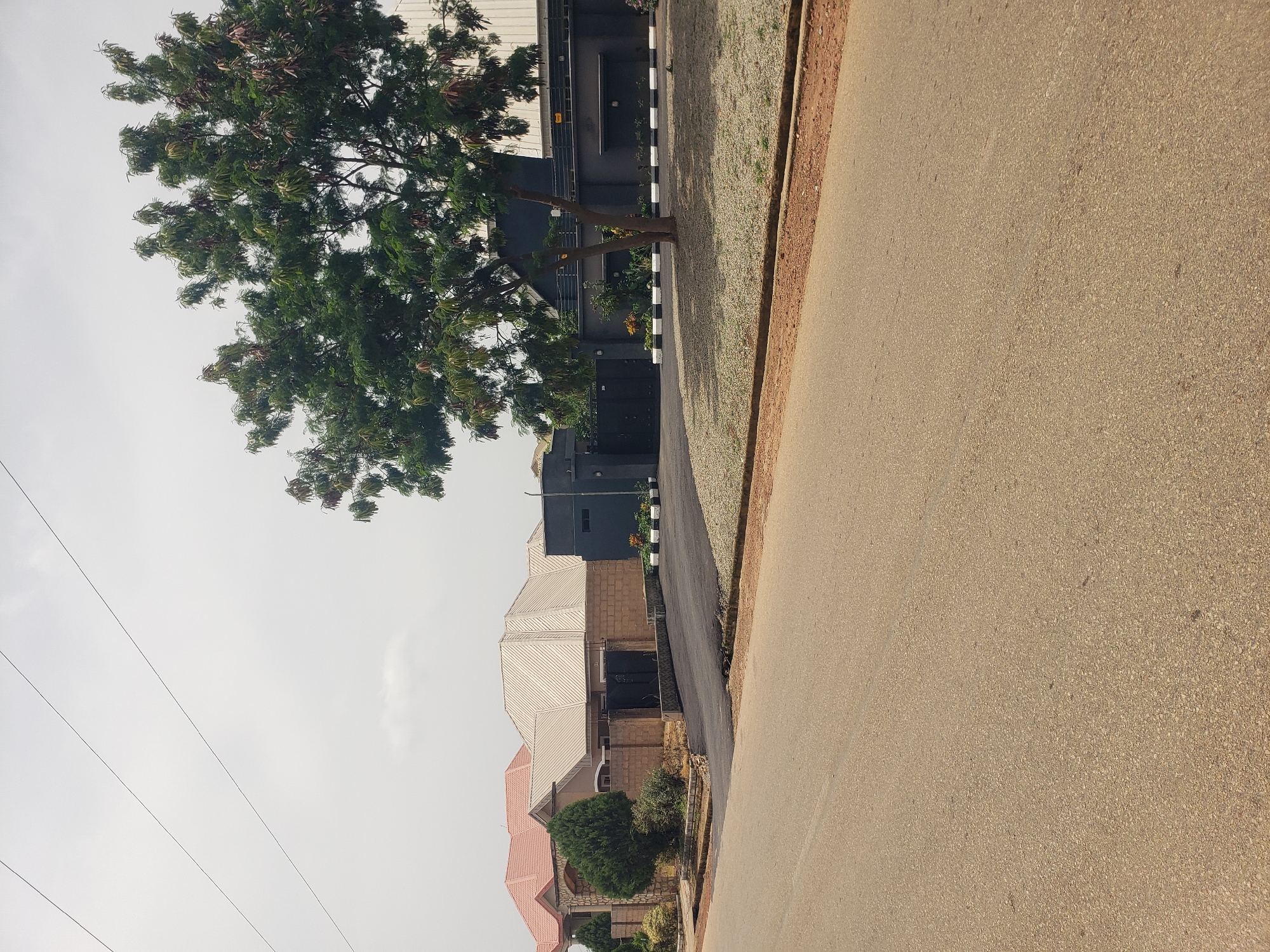 The image shows a street scene in Bar Gada, Nigeria, with several modern houses visible. In the foreground, a paved road with a reddish-brown embankment borders the street. The road leads towards a cluster of houses, characterized by their contemporary architecture and metal roofs. One house features a prominent reddish-pink roof, while others have lighter-colored metal roofs. The houses are surrounded by brick walls and some greenery, including a mature tree with lush green foliage in the middle ground. A black gate is visible in front of one of the properties. The background consists of a cloudy sky and power lines stretching across the frame. The overall impression is a well-maintained residential area.