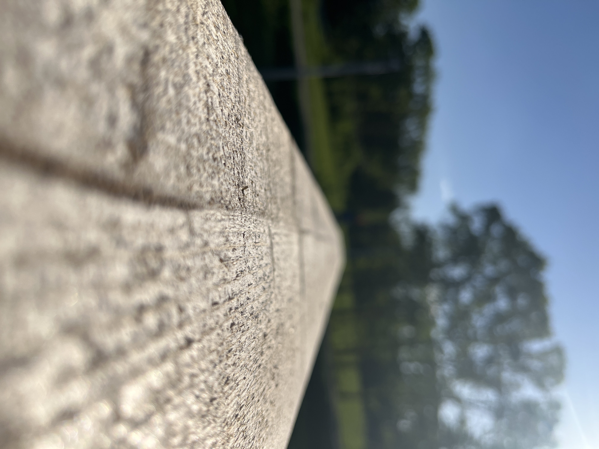 The image features a close-up view of a wooden structure, possibly a railing or fence, with its surface texture prominently displayed. The background is blurred, showing green foliage and a blue sky, suggesting an outdoor setting. The location is unspecified and unknown.
