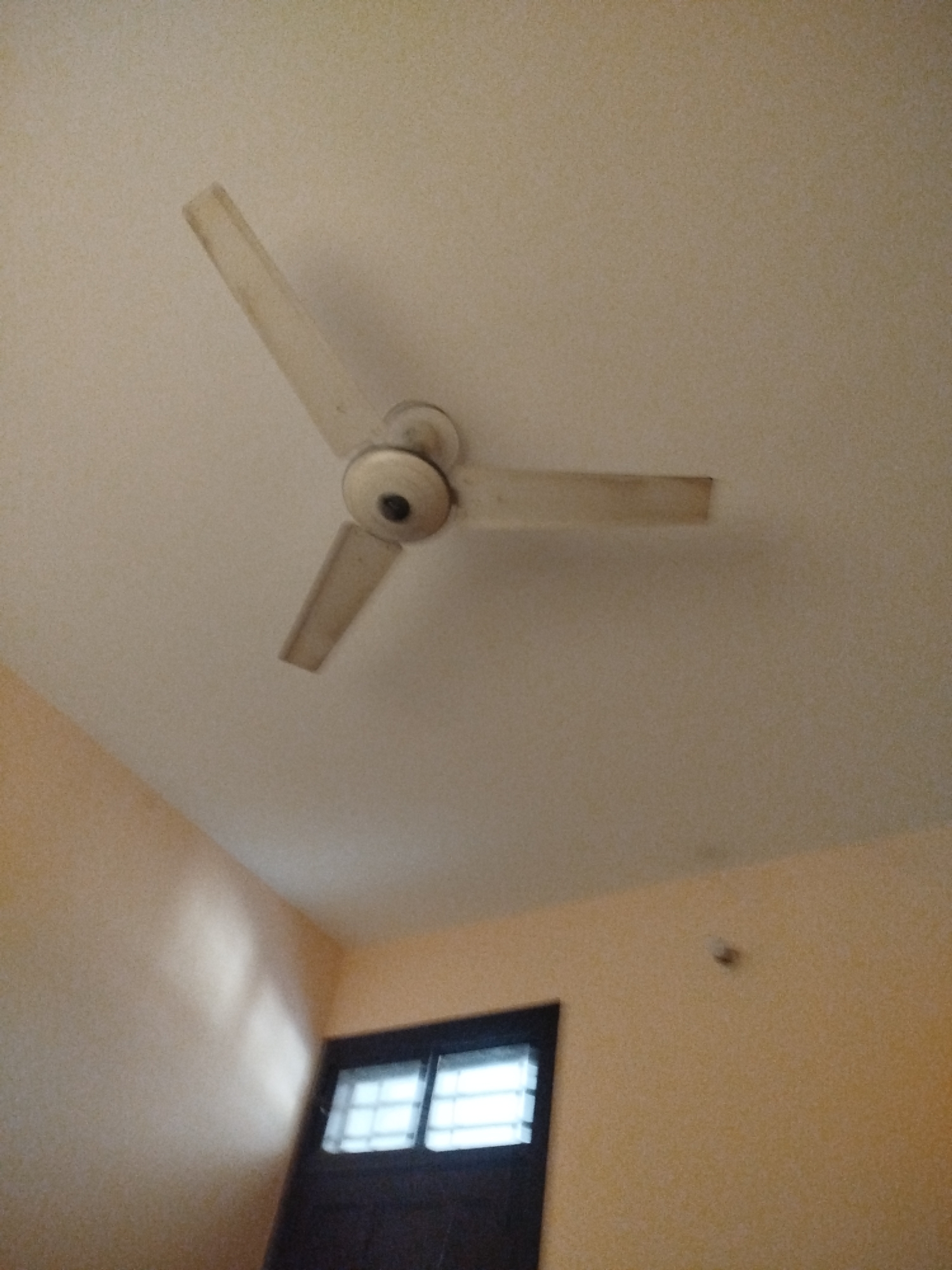 The image shows a ceiling fan mounted on a white ceiling in what appears to be a room. The fan has three pale beige blades extending from a central circular housing. The blades are slightly angled downwards. Below the ceiling, the walls are painted a light orange color. In the lower right portion of the image, a dark wooden doorframe with two rectangular window panes with white blinds is visible. The windows are lit from behind, suggesting daylight outside. There are no people or animals present in the scene. The image captures a domestic indoor environment.