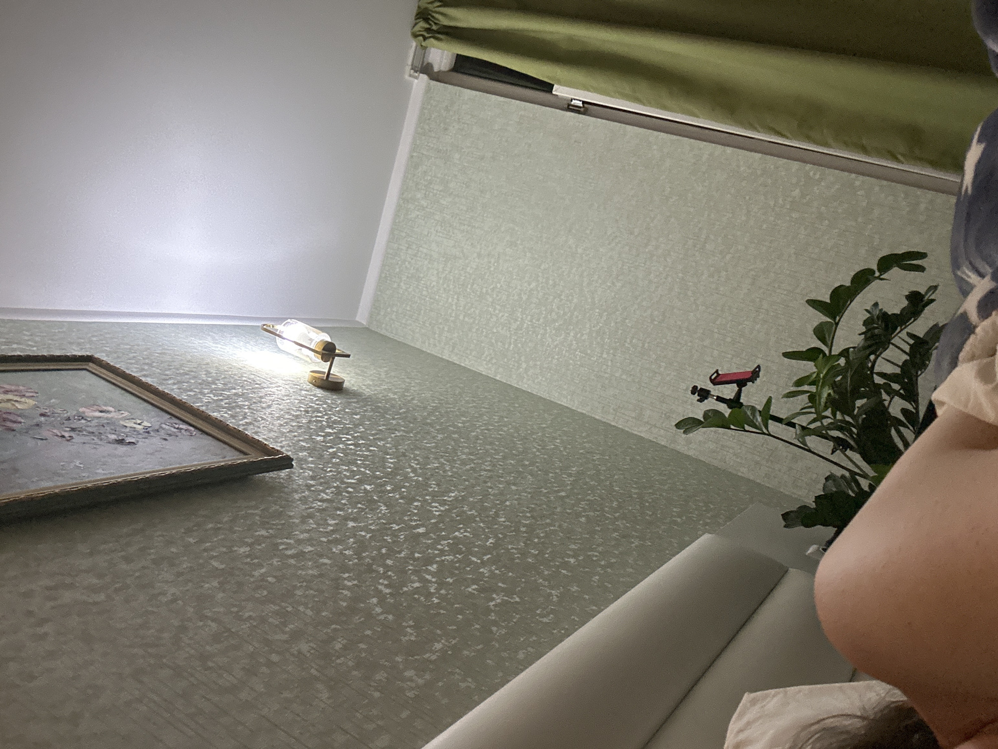 A low-angle shot inside what appears to be a room. The camera is positioned near a light-colored couch, focusing upwards towards the ceiling and wall. A framed painting is visible on the lower left. A table lamp is positioned near the painting. A potted plant is visible in the upper right. The window is covered with green curtains. The room appears to be in a domestic setting. No people are visible. No specific actions or interactions are observed. The location and city of Batumi, Georgia cannot be confirmed.