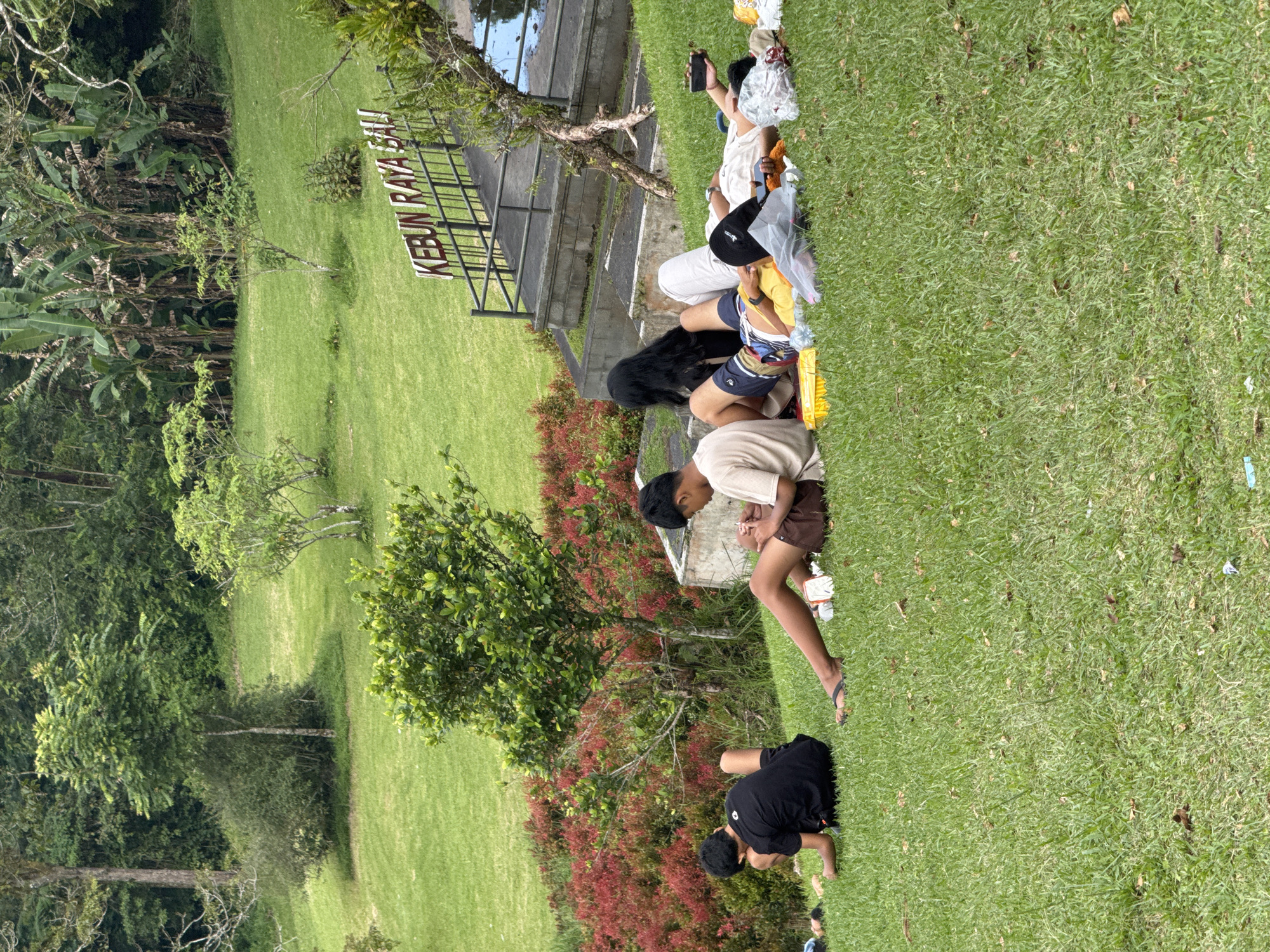 The scene depicts a group of people relaxing on a grassy area in Kebun Raya Bali, a botanical garden located in Baturiti, Indonesia. The landscape includes lush green grass, trees, and shrubs, with some blooming with reddish-orange flowers. A sign with the words "KEBUN RAYA BALI" is visible. The group of people are in various poses, some lying down, sitting, or standing. Some appear to be interacting, while others are using their phones.