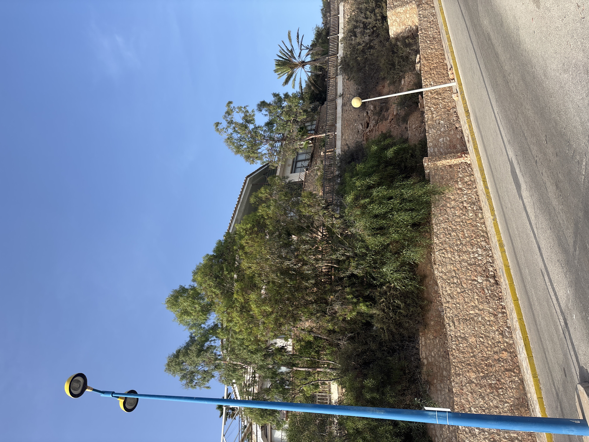 The image shows a street scene in Urbanización Cabo Roig, Spain. A blue lamppost with two yellow lights stands on the left side of the frame. A paved road with yellow lines borders it. In the background, a house is built on a hillside covered with lush green trees and shrubs. A stone wall runs along the bottom of the hill. A palm tree is visible behind the house, and another lamppost with a yellow light stands further down the road. The sky is clear and blue.