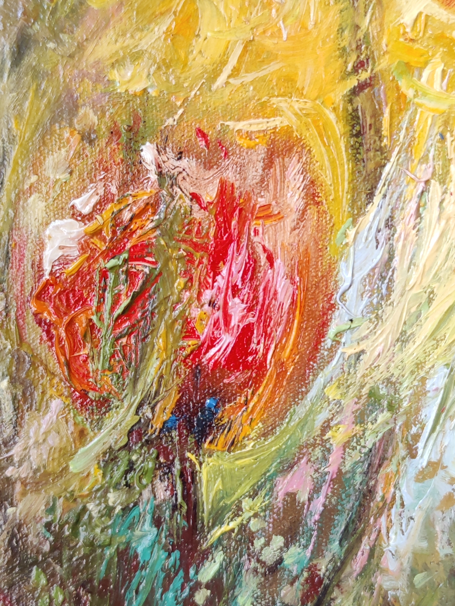 This is a close-up, abstract oil painting on canvas. The style is impressionistic and textured, with thick brushstrokes creating a sense of movement and depth. The dominant colors are warm tones of yellow, orange, and red, with accents of green and white. The central subject appears to be a vibrant red and orange form, possibly a flower or fruit, surrounded by swirling yellows and greens. The background is indistinct but suggests an organic or natural setting. There is no identifiable information about the city of Rybnitsa, Moldova, within the image itself.