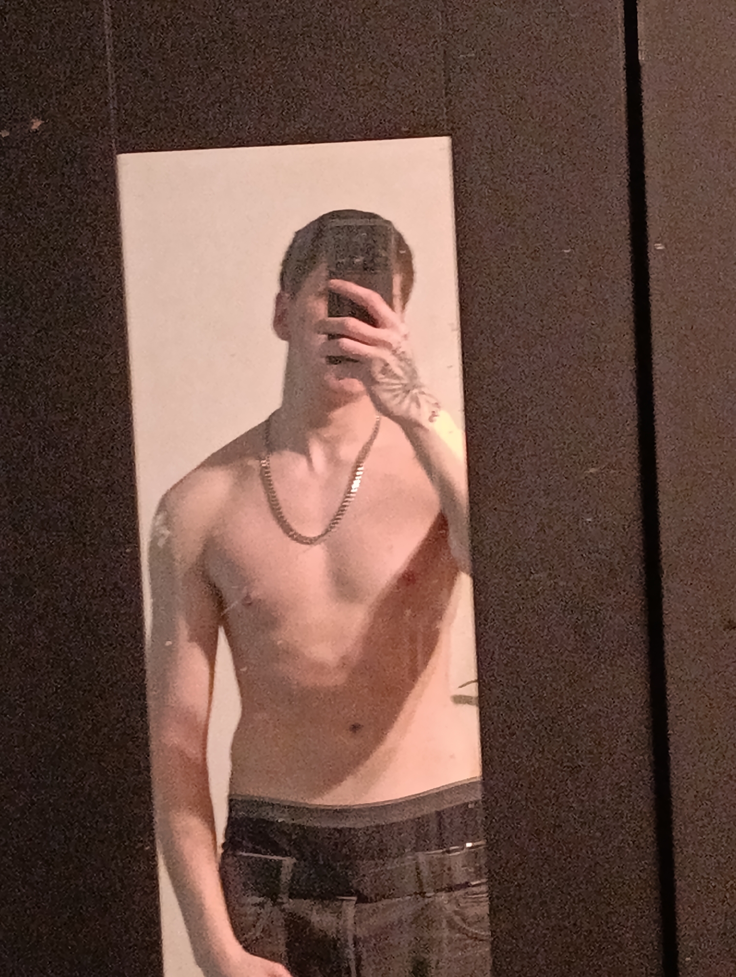 A shirtless male, wearing a silver chain and dark trousers, takes a mirror selfie. His face is obscured by the phone he holds. The location is undeterminable from the image.