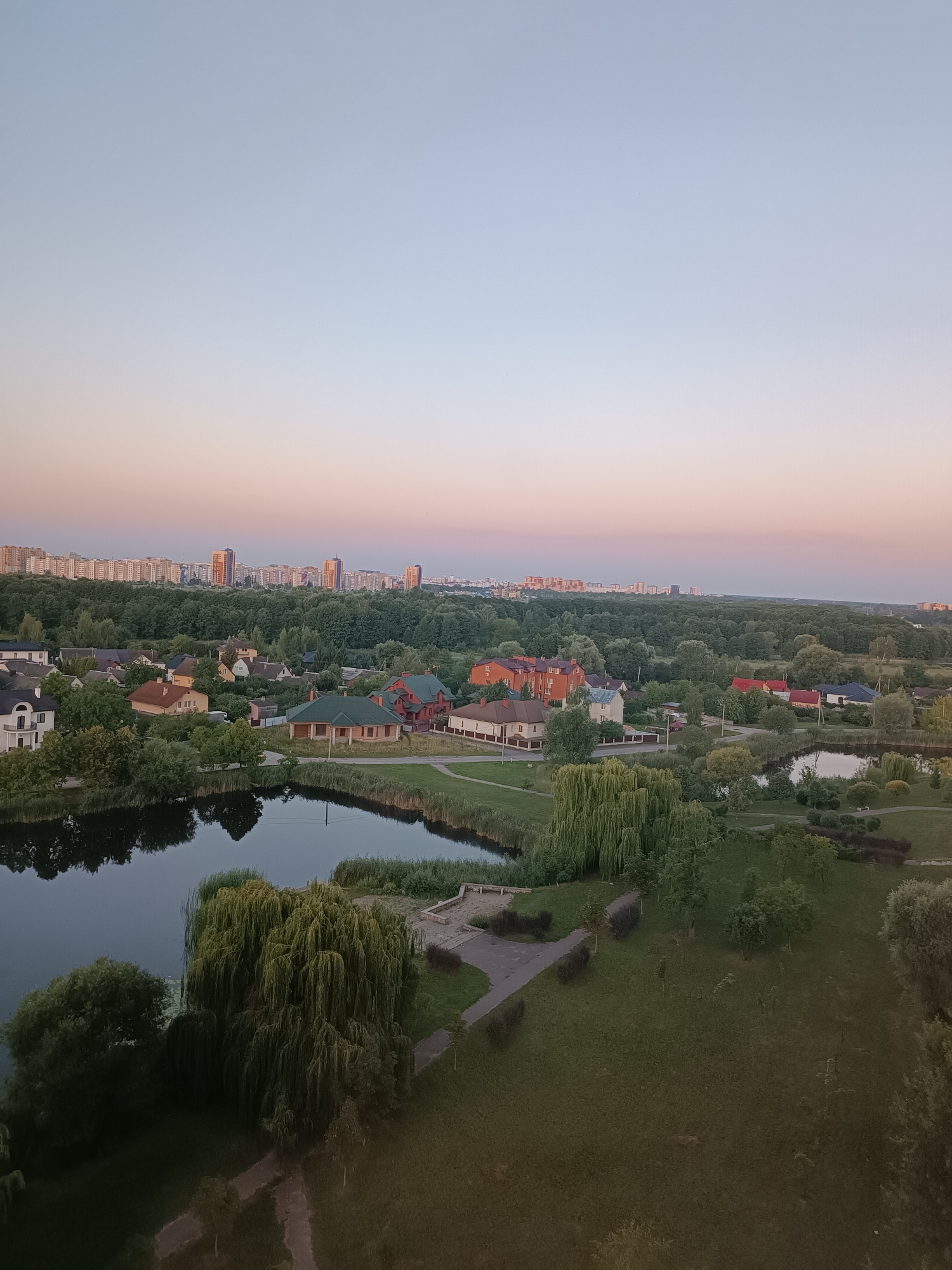 This is an aerial, slightly angled, wide shot of a suburban area bordering a city skyline at dusk. The sky is a gradient of light blue at the top fading into soft pink and orange hues near the horizon.
In the foreground, on the left, is a dark body of water reflecting the trees and sky. The water's edge is lined with reeds and tall grasses. To the right of the water, a large weeping willow tree dominates the scene, its branches cascading down. Beyond the willow, a grassy park area is visible with winding paved pathways and scattered bushes.
Further back, a cluster of residential houses, mostly two-story with pitched roofs, are nestled among lush green trees. Some houses have red or green roofs, and one appears to be a light orange color. Fences and driveways are visible, suggesting a residential neighborhood.
In the midground, beyond the houses and a dense band of trees, the city skyline rises. Numerous multi-story apartment buildings, varying in height and architectural style, are visible. Some are light-colored, while others have darker facades or prominent balconies. The city appears to be situated on a gentle rise or plain.
The overall impression is a peaceful transition from a semi-rural environment with water and greenery to a more urban setting, captured during the soft light of sunset. The location is identified as the city of Brest, Belarus.
