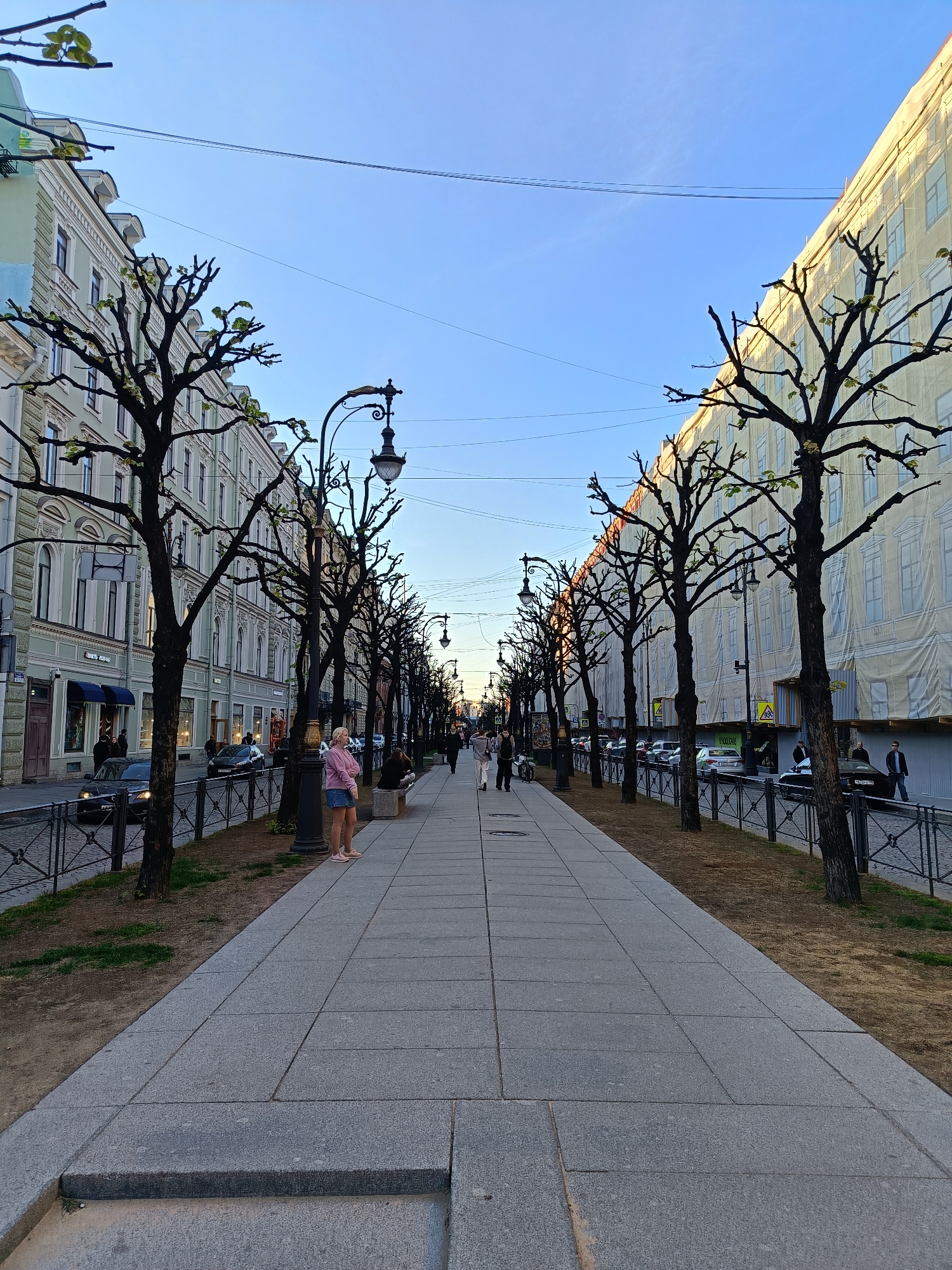 This is an eye-level, full outdoor shot of a wide, stone-paved sidewalk flanked by buildings and trees in Saint Petersburg, Russia. The sidewalk stretches into the distance, drawing the viewer's eye.
To the left and right of the sidewalk are narrow strips of earth containing the base of trees, protected by metal fences. Rows of trees, their branches largely bare, line both sides of the sidewalk, interspersed with old-fashioned street lamps.
On either side of the tree lines are the buildings. The building on the left is a light greenish color, with multiple windows and architectural details. Part of the building on the right is covered with a protective white fabric.
Several people are visible on the sidewalk, including a woman in a pink sweater and denim skirt standing on the left side. Cars are parked along the street to the left and right. The sky is a clear blue, and the overall light suggests it is daytime, possibly late afternoon.