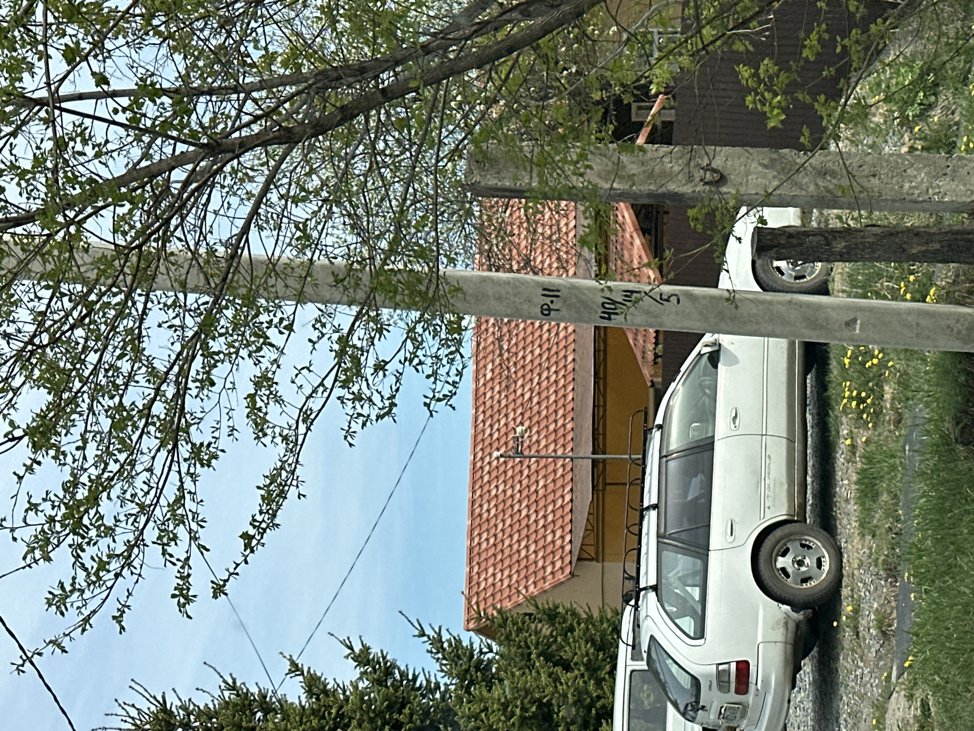 The image depicts a residential area in Raychikhinsk, Russia. A white station wagon is parked along a gravel driveway. A house with a red tile roof is visible behind the car, adjacent to a dark brown structure. Two utility poles stand in the foreground, partially obscured by tree branches with new spring leaves. Evergreen trees are also present in the scene. The sky is a clear blue with a few wisps of clouds. Written markings are visible on the utility poles.