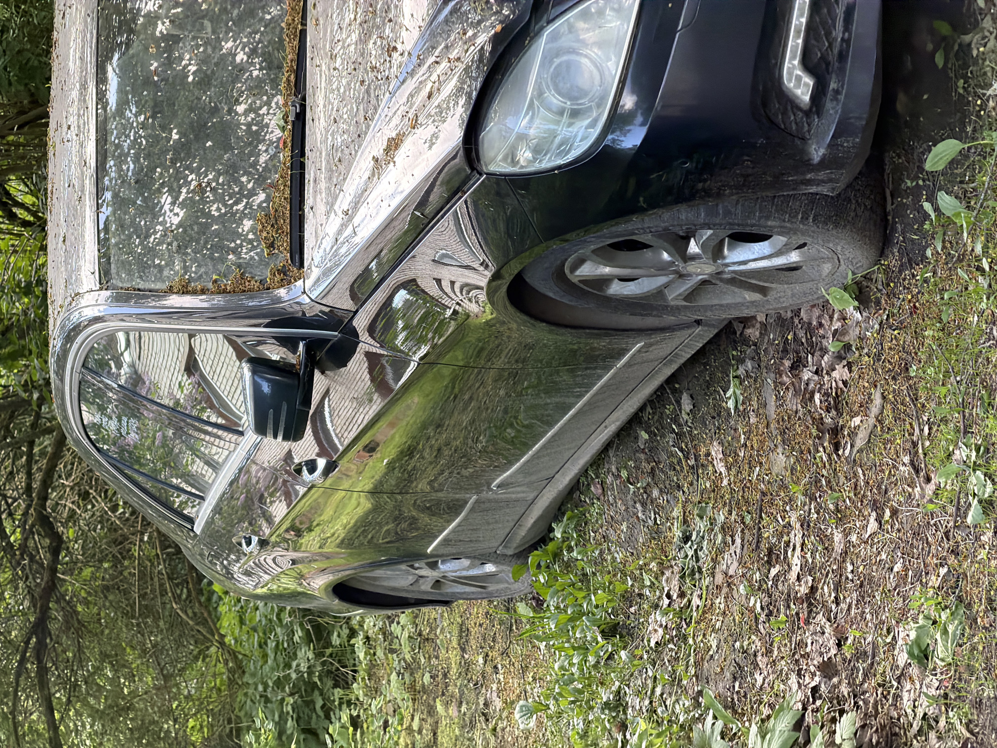 A dark-colored Mercedes-Benz is parked on a lawn covered in grass, leaves, and small weeds in Tokkari-Lend, Russia. The car is partially covered with debris such as leaves and pollen, suggesting it hasn't been moved in a while. The windows reflect nearby buildings. The car's front passenger side is visible, including the headlight, front tire, and side mirror.