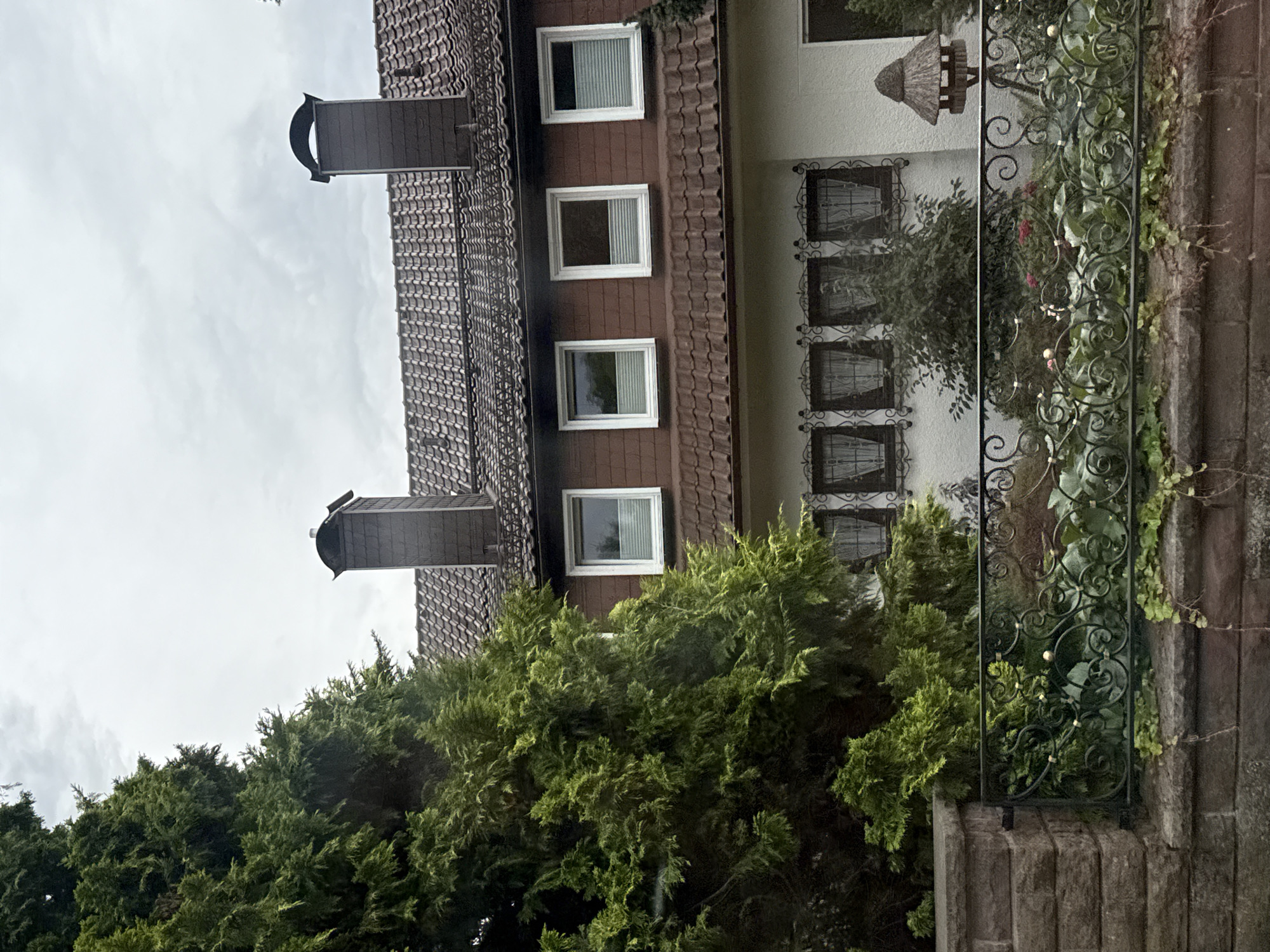 In Bad Sachsa, Germany, a two-story residential building with a tiled roof and brown upper siding is visible. The building features multiple windows with white frames on both levels. Two dark-colored chimneys with decorative caps rise from the roof. In front of the house, a lush green evergreen tree dominates the left side of the frame. A low, ornate black metal fence with swirling patterns separates the property from the viewer. Behind the fence, a garden with various plants, including ivy climbing a stone wall, is visible. A birdhouse on a wooden post stands in the garden to the right of the frame. The sky is overcast and gray.