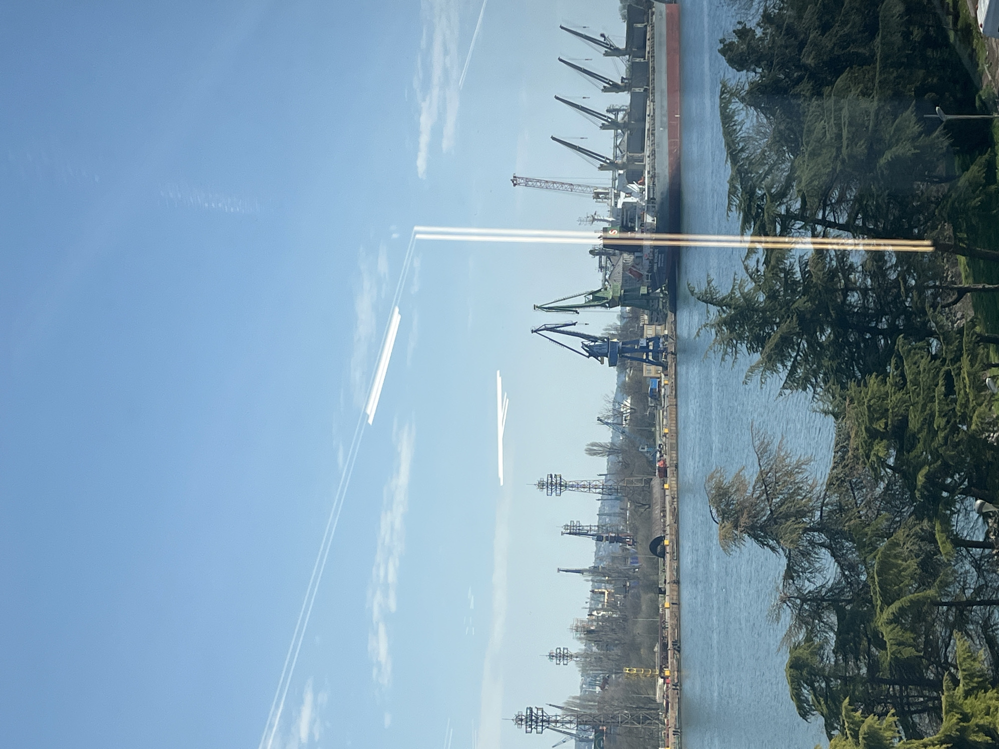 The image shows a port scene, likely observed from an elevated position behind glass, with light reflections visible on the surface. The sky is light blue with faint contrails. A large cargo ship occupies the upper-right portion of the image, equipped with several cranes. Further along the waterfront, a series of industrial cranes are present, standing along a concrete quay. The water reflects the sky and the docked ships. Evergreen trees border the right side. The location is a port in an unknown city.