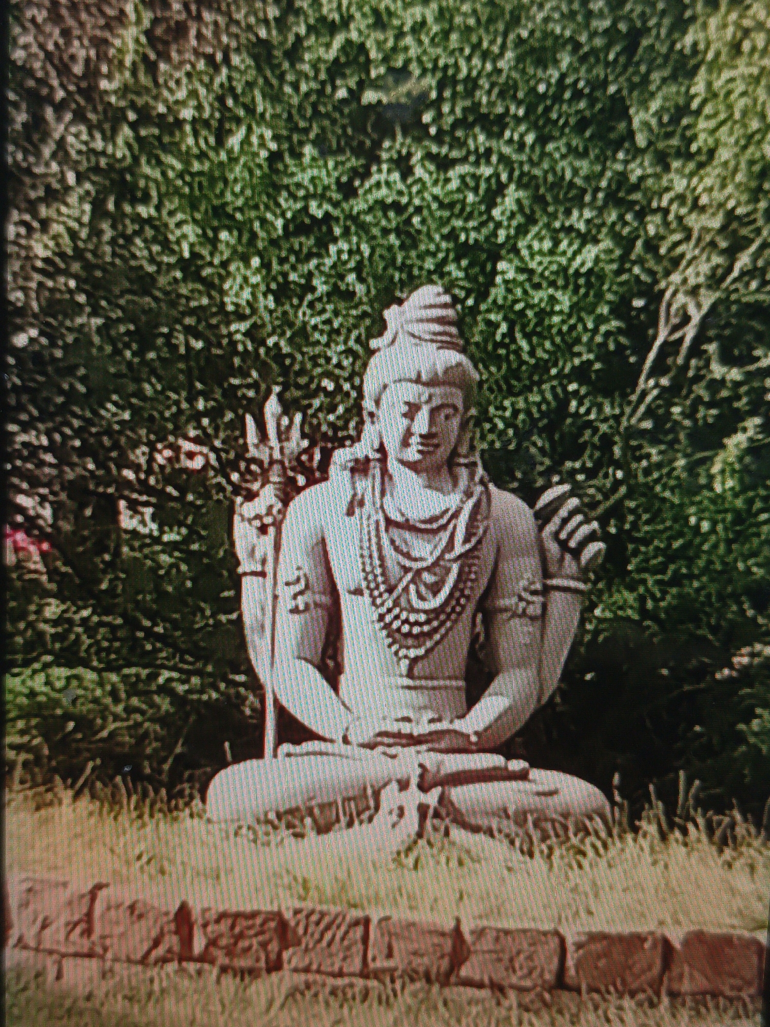 A statue of Shiva, the Hindu deity, sits in a meditative pose in front of a dense green hedge. The statue is made of a light-colored material and depicts Shiva with multiple arms, ornate jewelry, and a distinctive headdress. The statue is positioned on a patch of dry grass, with a low brick border in the foreground. The image appears to have been taken outdoors during daylight, with the lighting suggesting a sunny day. The background consists of the green foliage of the hedge, which appears lush and well-maintained. The statue is the central focus of the image.