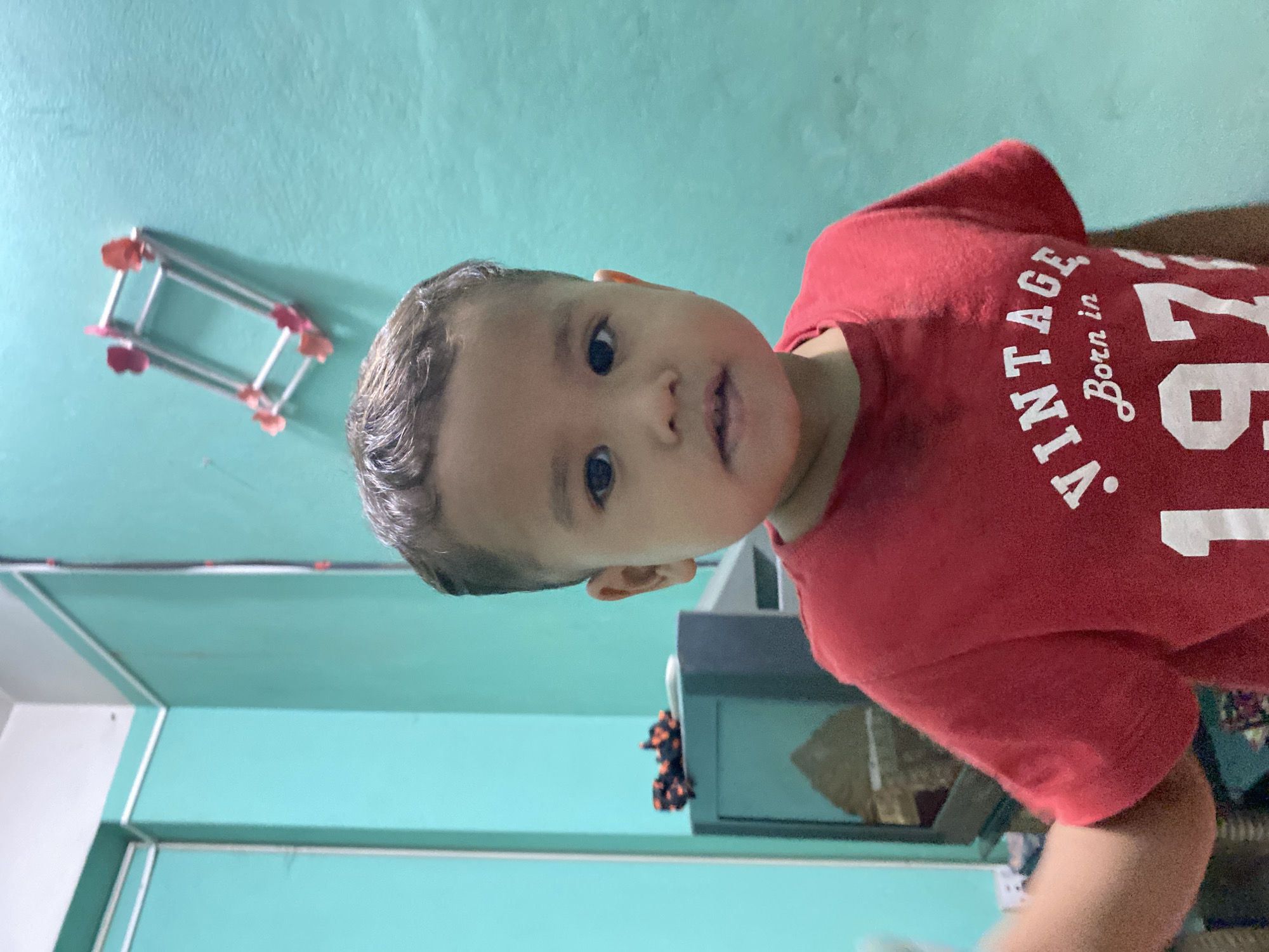 A toddler wearing a red t-shirt with "Vintage Born in 1971" printed on it is the central subject of the image. The child is looking towards the camera with a slight underbite showing their teeth. The background is a teal or turquoise wall. In the upper left corner, there is a small rectangular object, possibly a toy, mounted on the wall. There is also an object of furniture, such as a dresser, with other items on it in the midground. The environment suggests a home setting. The image lacks specific details to confirm it was taken in Dhaka, Bangladesh.