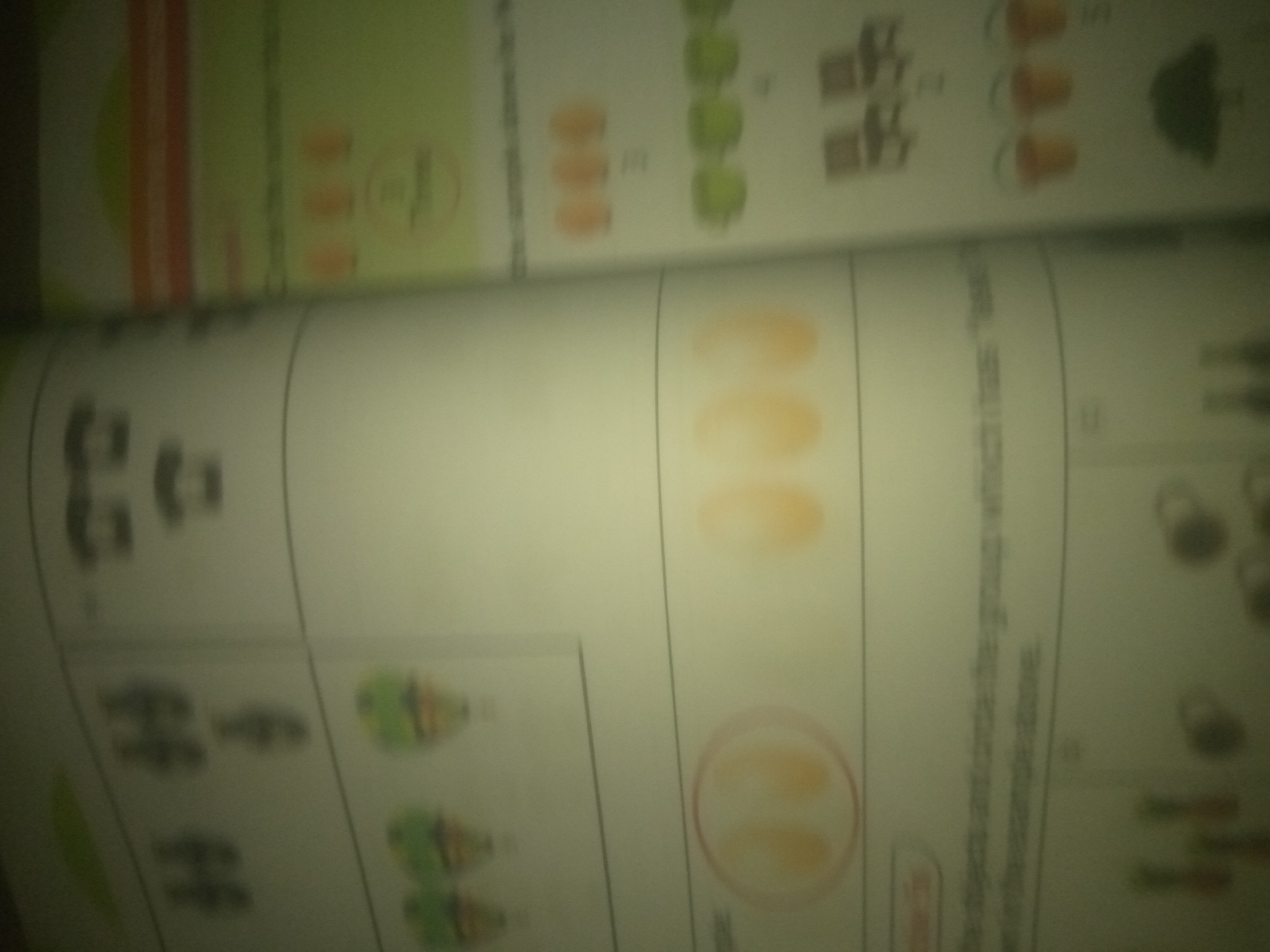 The image is an out-of-focus photograph, appearing to be a page from a children's educational book or worksheet, with some text and illustrations. The page is divided into columns, and features several rows of drawings. In the top left, there are red and yellow vertical stripes. To the right of this, there are drawings of orange fruit or objects, with some numbers. Further to the right, there are drawings of brown objects that resemble shoes or boots, and then more orange fruit. Below these, there are drawings of green objects that appear to be pears or apples, arranged in rows. There are also illustrations of small black figures. The text on the page is largely illegible due to the blurriness. The image does not contain any elements that indicate a specific location in Jauro Yinu, Nigeria, or any other geographical area.