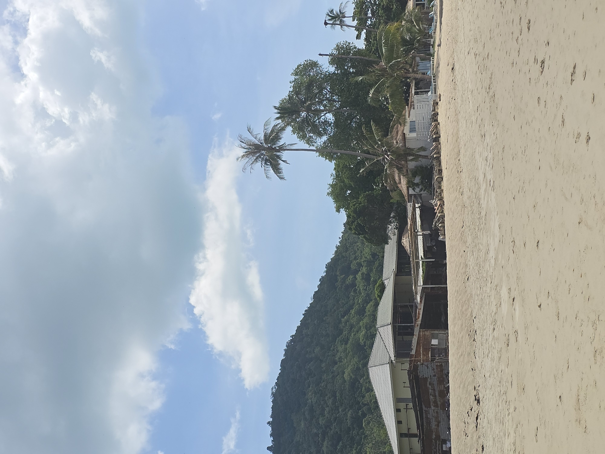 The image captures a view of a beach in Baan Lamai, Thailand, on a bright, overcast day. In the foreground, a sandy beach stretches out. Behind the beach, a row of white bungalows with thatched roofs is visible, some with lounge chairs and umbrellas set up. To the left of the bungalows, a large building with a light yellow facade and grey tiled roof stands, with an adjacent structure that appears to be under construction or in disrepair. Beyond the buildings, a dense, green forested mountain slopes upwards, covered in lush vegetation. Several palm trees are scattered throughout the scene, with one tall palm tree dominating the center-right portion of the image. The sky is a light blue with large, fluffy white and grey clouds. There are no people visible in the image.