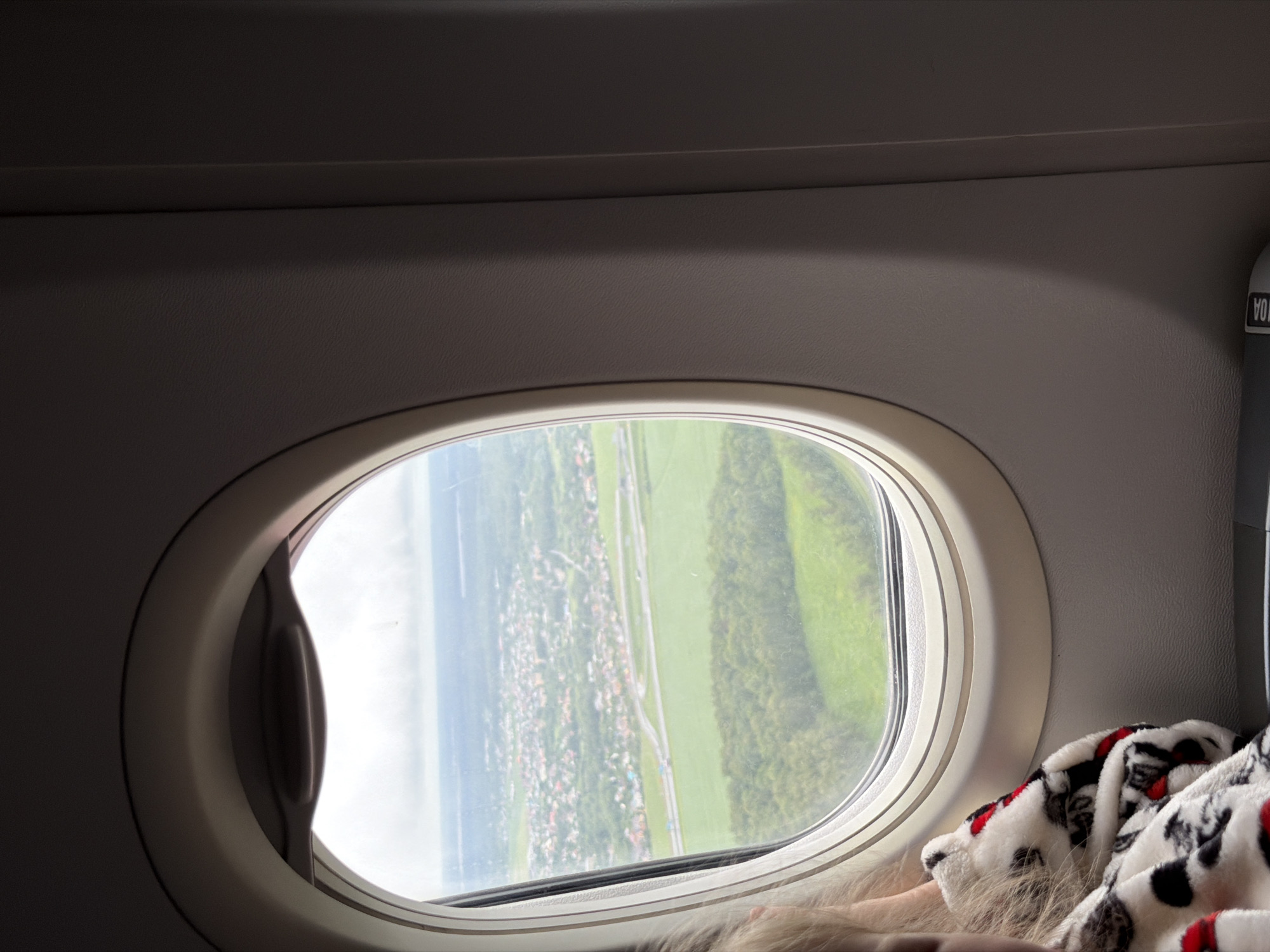 A view from an airplane window shows a landscape featuring a town or village adjacent to a stretch of green land, possibly a forest or field. The buildings in the town appear to be residential and densely arranged, with a road or highway running parallel to the town and the green area. The window frame and part of a blanket with a Dalmatian-like pattern are visible in the foreground. The location is not explicitly mentioned as Moscow, Russia and cannot be determined solely from this image.