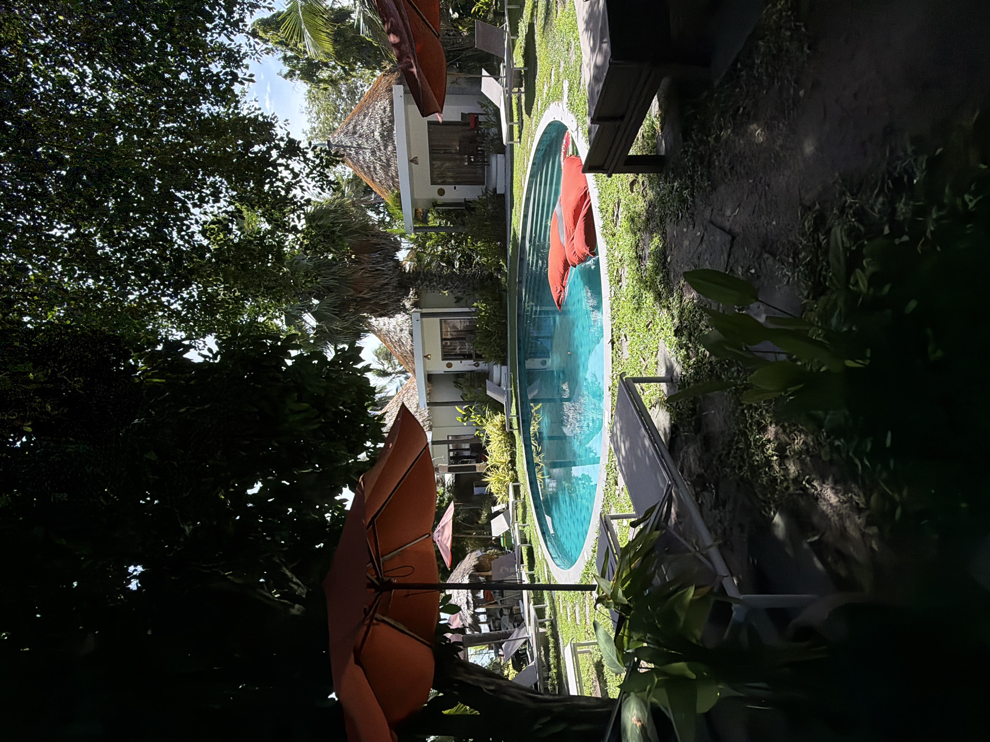 This media file depicts an outdoor scene at Baan Bang Rak, Thailand, likely during the daytime under sunny weather. The central focus is a curvilinear swimming pool filled with clear turquoise water. Two large, red cushions are floating in the pool, suggesting a relaxed atmosphere and perhaps recent use by guests.
Surrounding the pool, a lush green lawn is interspersed with stone pathways. Several lounge chairs are visible, some of which are empty and positioned near the pool, indicating a resort or hotel setting. In the background, several small, white buildings with thatched roofs are scattered among tropical vegetation, including palm trees. These buildings appear to be individual bungalows or rooms, adding to the resort ambiance.
To the left of the scene, a large orange umbrella is prominently displayed, partially obscuring the view of the buildings and vegetation. Its presence, along with the lounge chairs, reinforces the idea of an outdoor recreational area designed for comfort and relaxation. The foliage is dense, with large green leaves in the foreground and dappled sunlight filtering through the trees, suggesting the time of day is likely mid-morning to afternoon. The overall impression is one of a tranquil tropical getaway. No people are clearly visible in the frame, and there is no visible text.