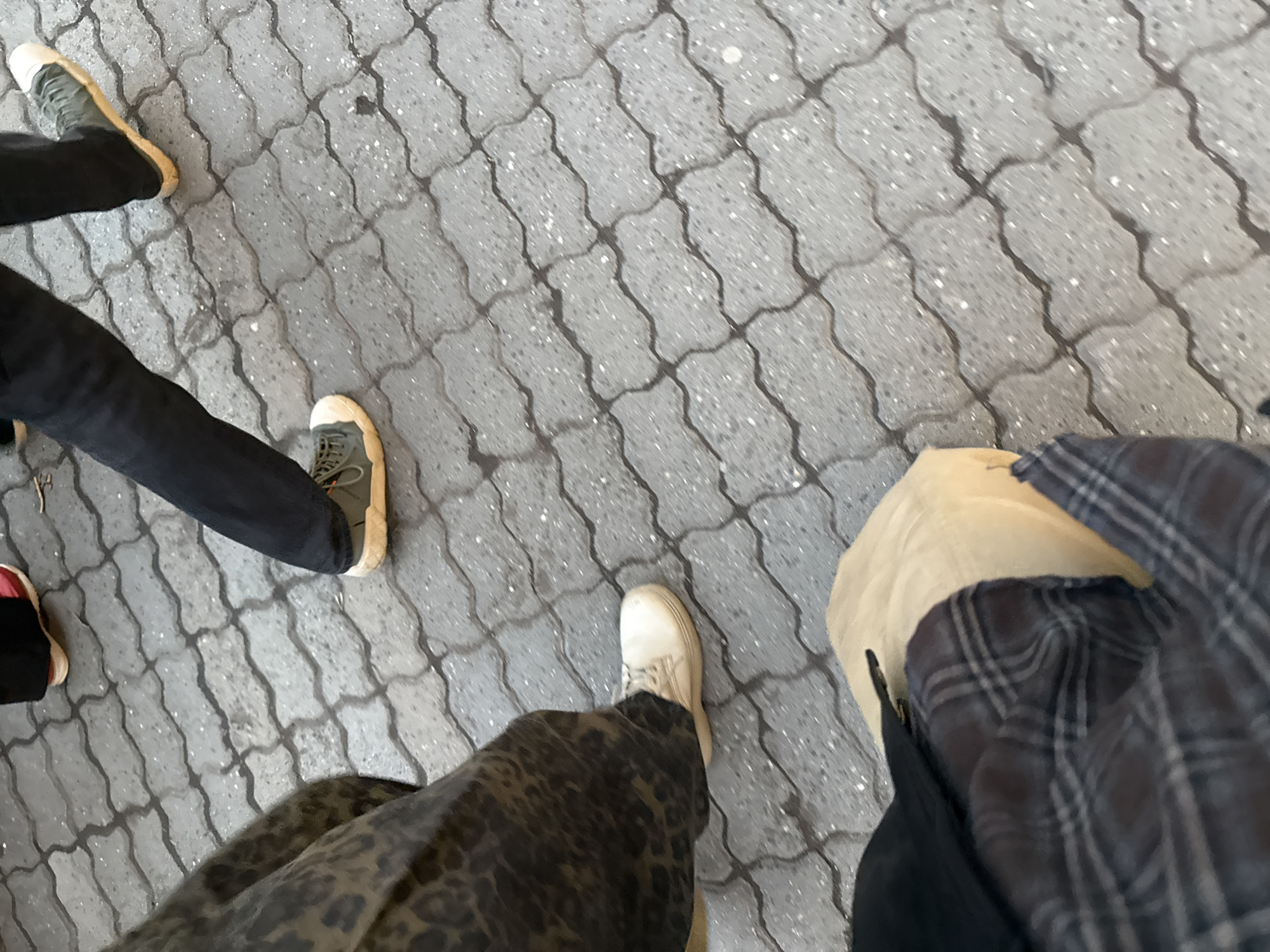 The scene depicts a ground-level view of a paved pedestrian area in Yerevan, Armenia. The ground surface consists of grey interlocking S-shaped concrete pavers, showing minimal wear and dark lines in the grout. At least three individuals are partially visible from the lower torso downwards.
On the left side of the frame, a person is seen wearing loose-fitting dark brown or black trousers with a subtle leopard-print pattern, paired with white, low-top shoes featuring light-colored soles. Their left foot is firmly on the pavement.
In the upper-center portion of the frame, another individual is captured in motion, wearing dark full-length pants and olive-green sneakers with distinct thick, light-beige soles. The right foot is lifting, indicating a walking stride. Further towards the top edge, a partially visible red shoe with a white sole is present, suggesting the presence of a fourth individual or close proximity.
At the bottom of the frame, the lower torso and lap area of a third individual are visible. This person is wearing light beige or tan fabric, partially covered by a dark plaid garment, with a black object (possibly a bag or another piece of clothing) visible near their lap. No explicit interactions between the individuals are discernible; all appear to be independently traversing or standing in the shared space.