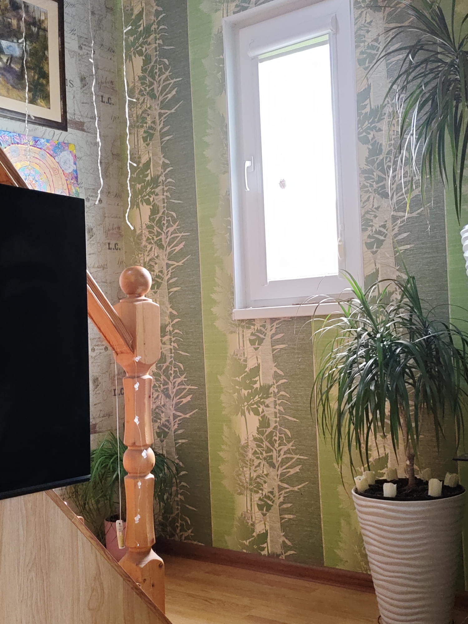The image depicts an indoor scene, likely a hallway or living area, with a wooden staircase railing in the foreground. The wallpaper features a green pattern resembling trees or foliage. To the left, a black television screen is visible, and above it, framed artwork hangs on the wall. Decorative white string lights are draped along the wall and staircase railing. In the background, a window with white blinds is present, and a large potted plant with long, arching green leaves stands to the right of the window. The floor appears to be wooden. The scene is illuminated by natural light coming from the window. There are no people visible in the image.
