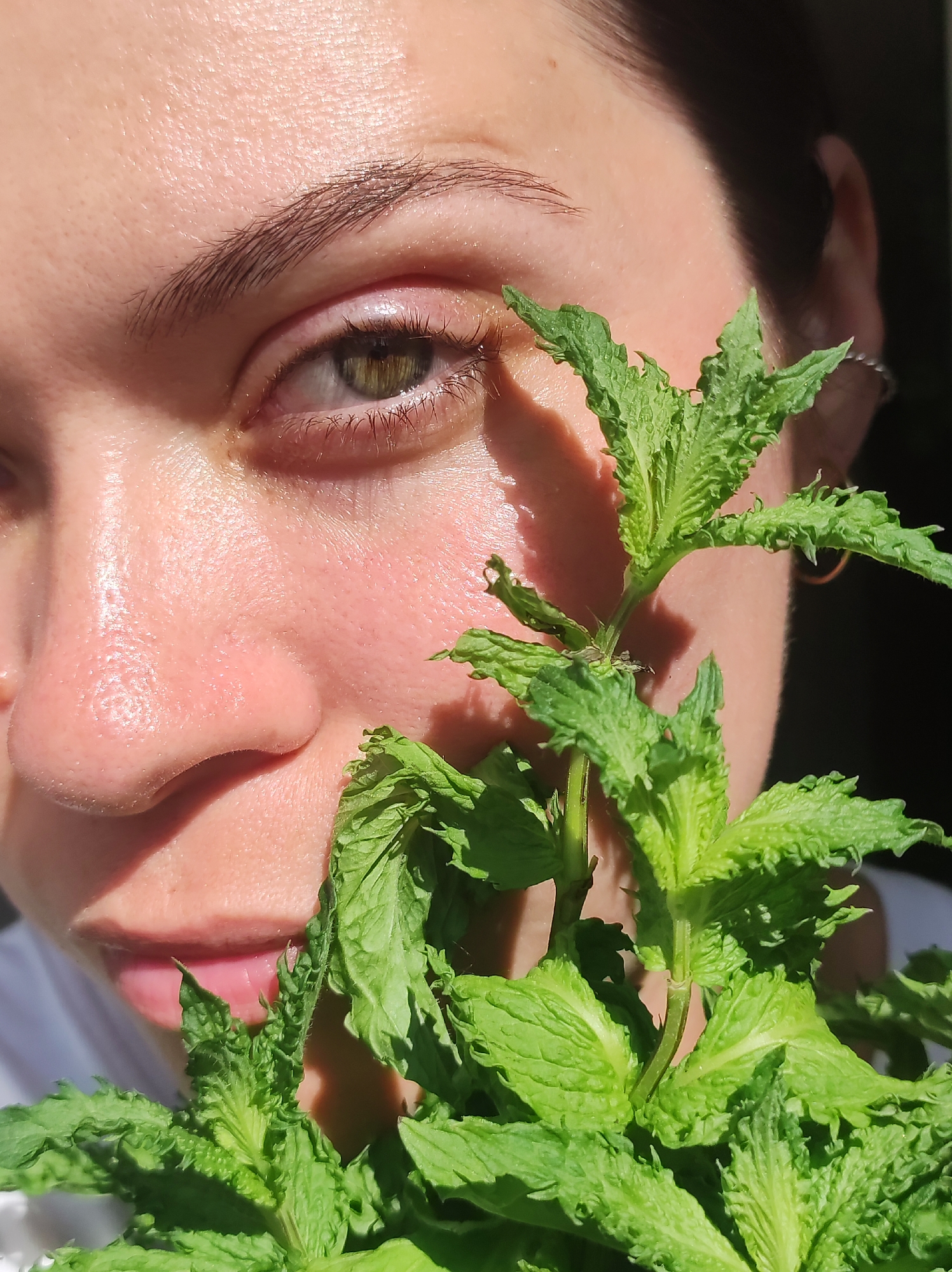 A close-up shot of a person's face is shown from the left side. The person's eye, eyebrow, nose, and lips are visible. The person's eye is green and looking towards the camera. The eyebrow is dark and arched. The nose is slightly pink and the lips are full and pink. A stem of fresh mint with green leaves is in the foreground, obscuring part of the person's face. The lighting suggests the sun is casting a shadow on the left side of the person's face, with the right side illuminated. There is no discernible urban environment.
